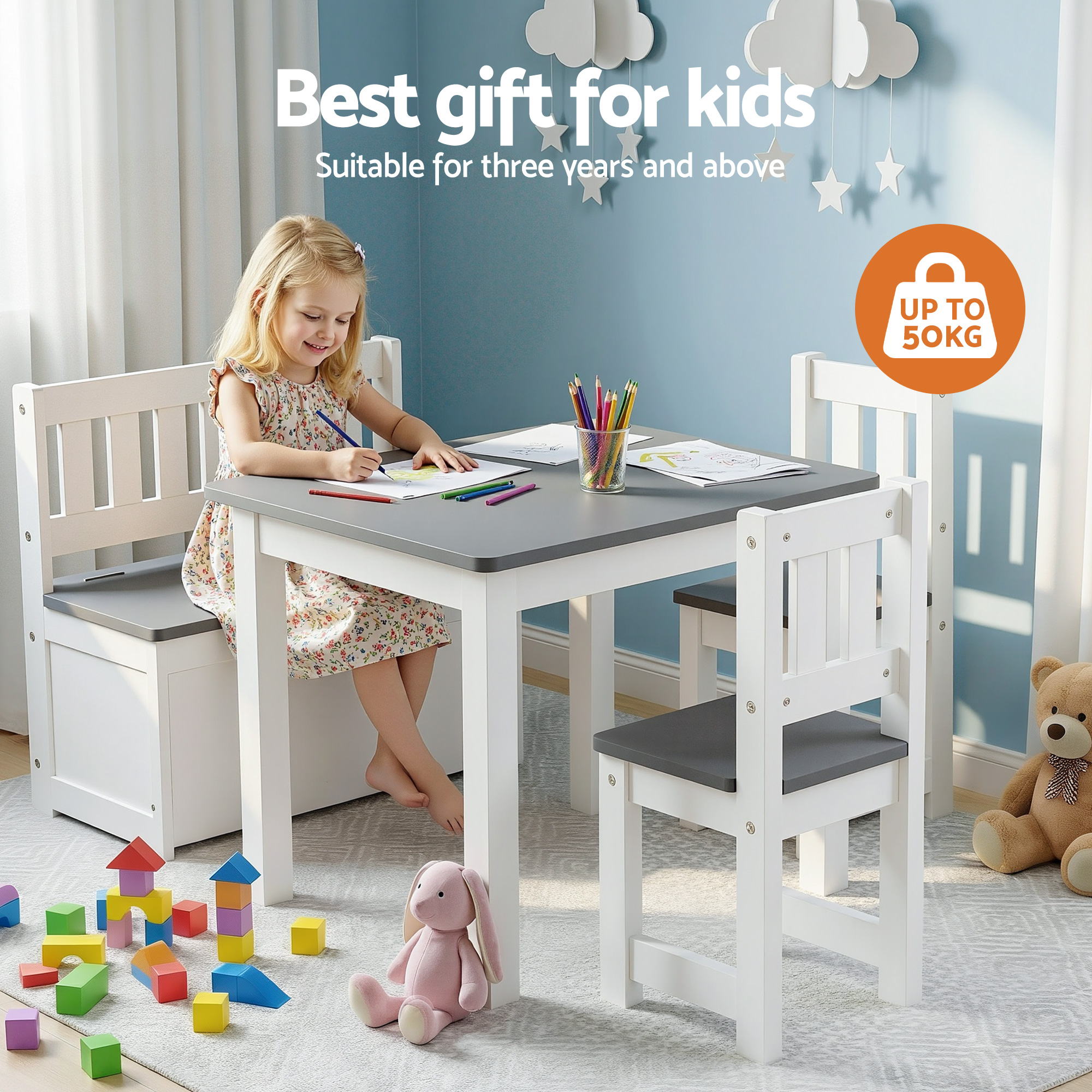 Keezi 2 in 1 Kids Table and Chair Set, Activity Table with Storage Bench and 2 Chairs for Reading, Drawing, KTC-G-BC-GY