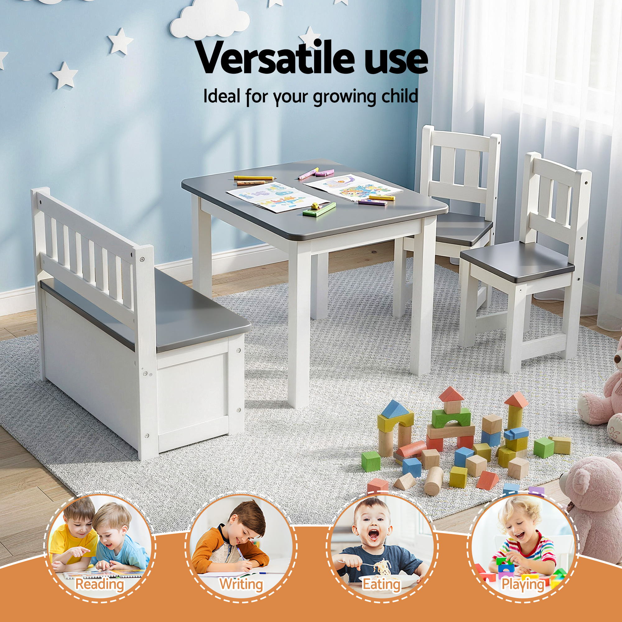 Keezi 2 in 1 Kids Table and Chair Set, Activity Table with Storage Bench and 2 Chairs for Reading, Drawing, KTC-G-BC-GY