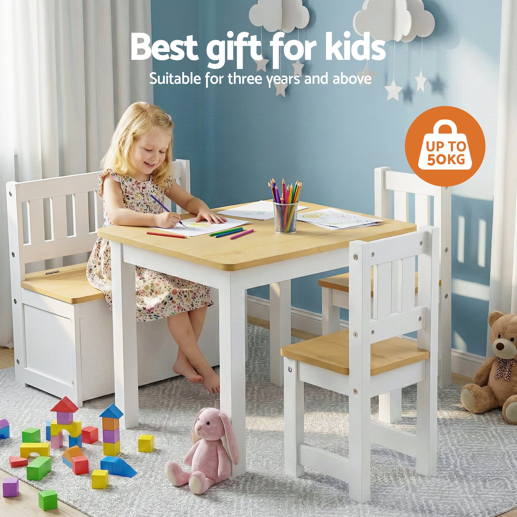 Keezi 2 in 1 Kids Table and Chair Set, Activity Table with Storage Bench and 2 Chairs for Reading, Drawing, KTC-G-BC-NT
