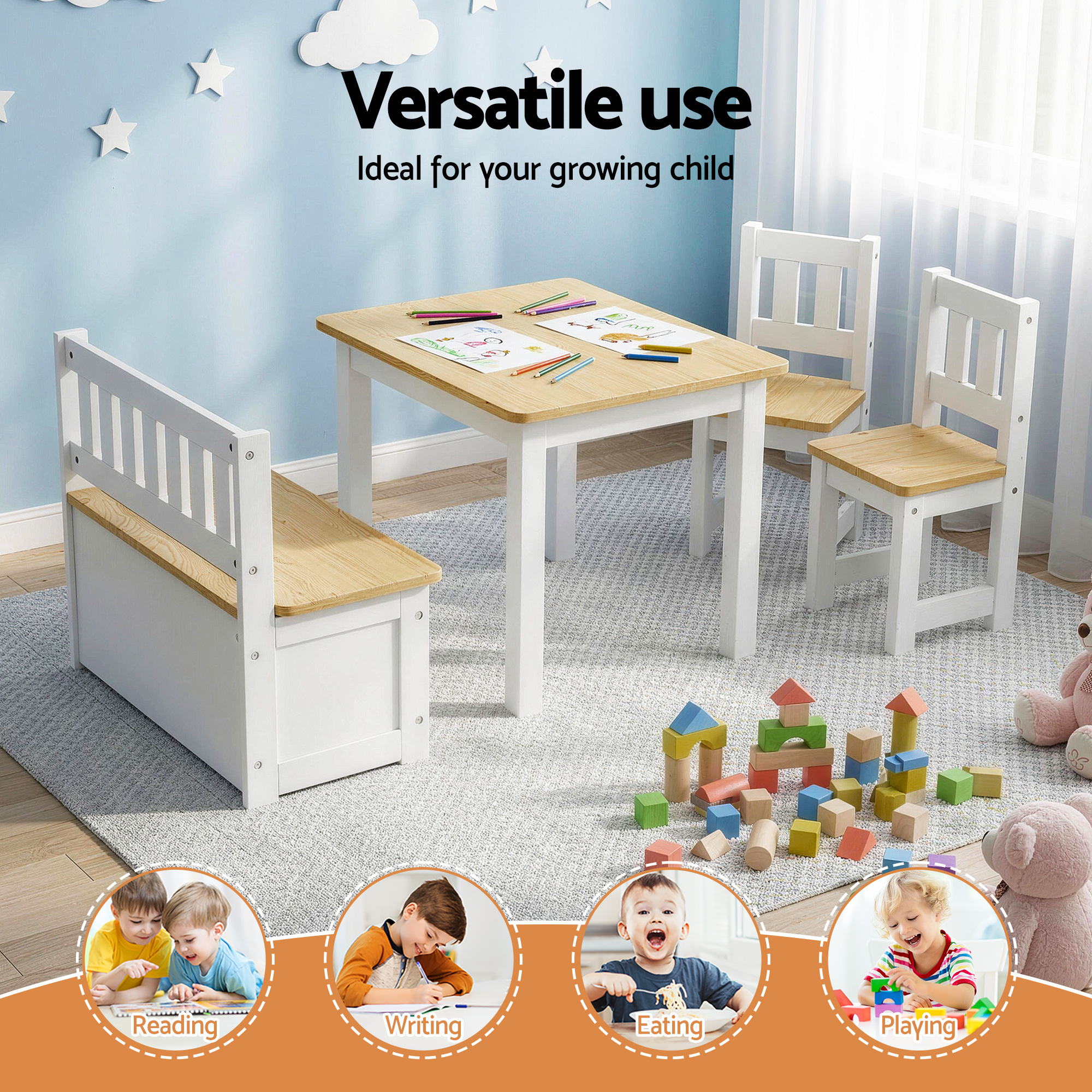 Keezi 2 in 1 Kids Table and Chair Set, Activity Table with Storage Bench and 2 Chairs for Reading, Drawing, KTC-G-BC-NT