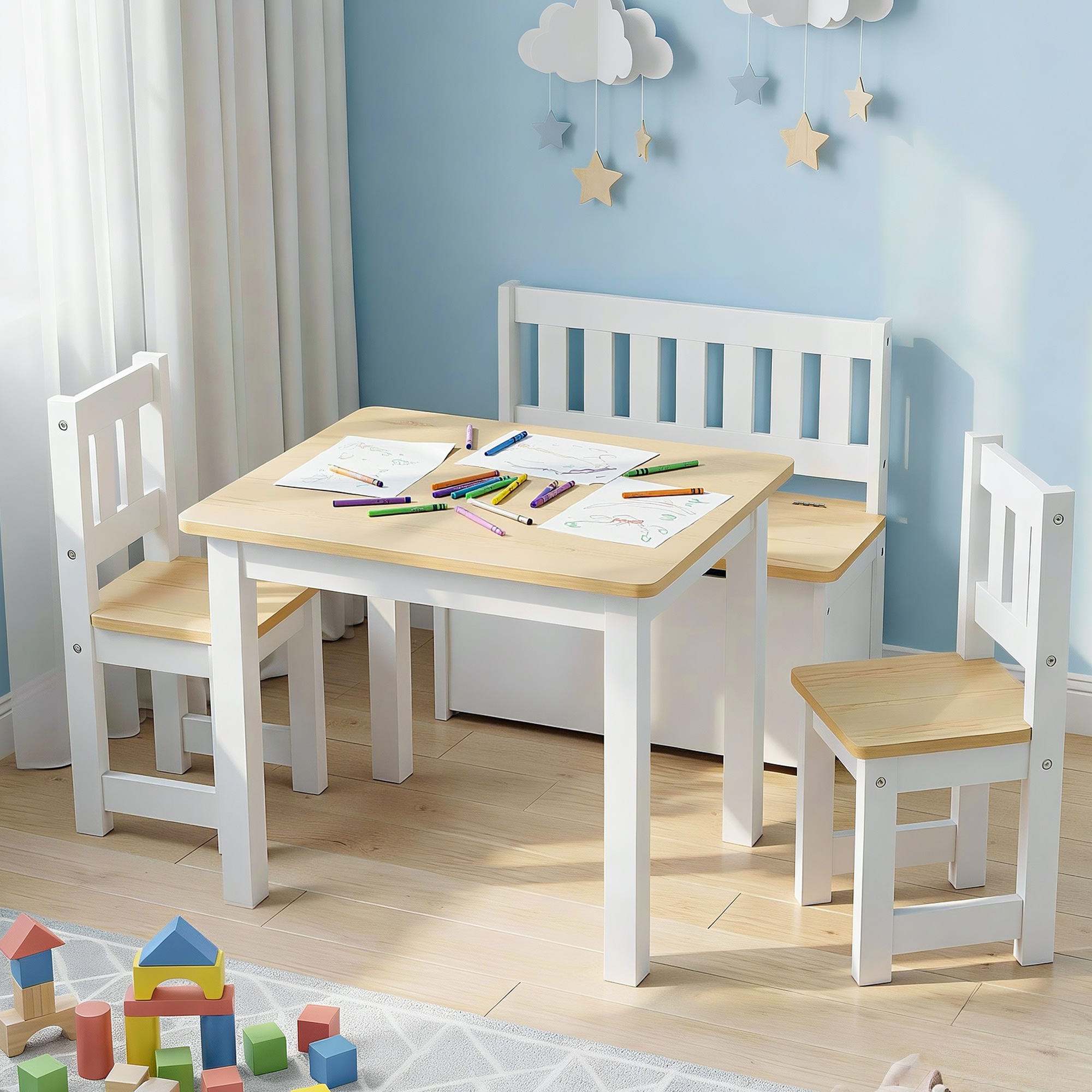 Keezi 2 in 1 Kids Table and Chair Set, Activity Table with Storage Bench and 2 Chairs for Reading, Drawing, KTC-G-BC-NT
