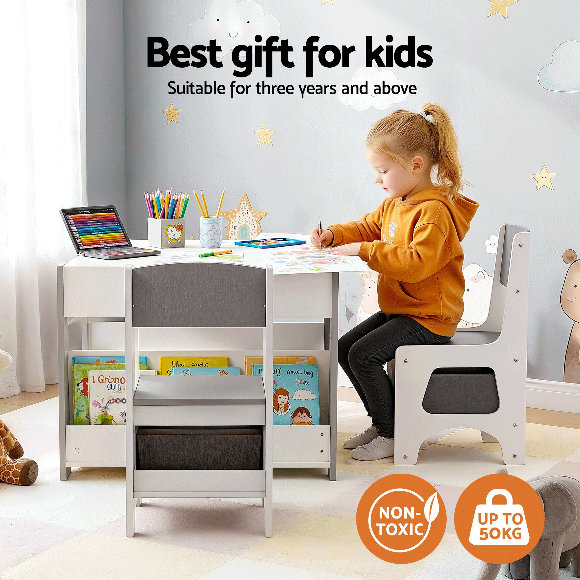 Keezi Kids Table and Chair Set, 4 in 1 Wooden Activity Table with Bookcase, Storage Box and Detachable KTC-G-BS-GY