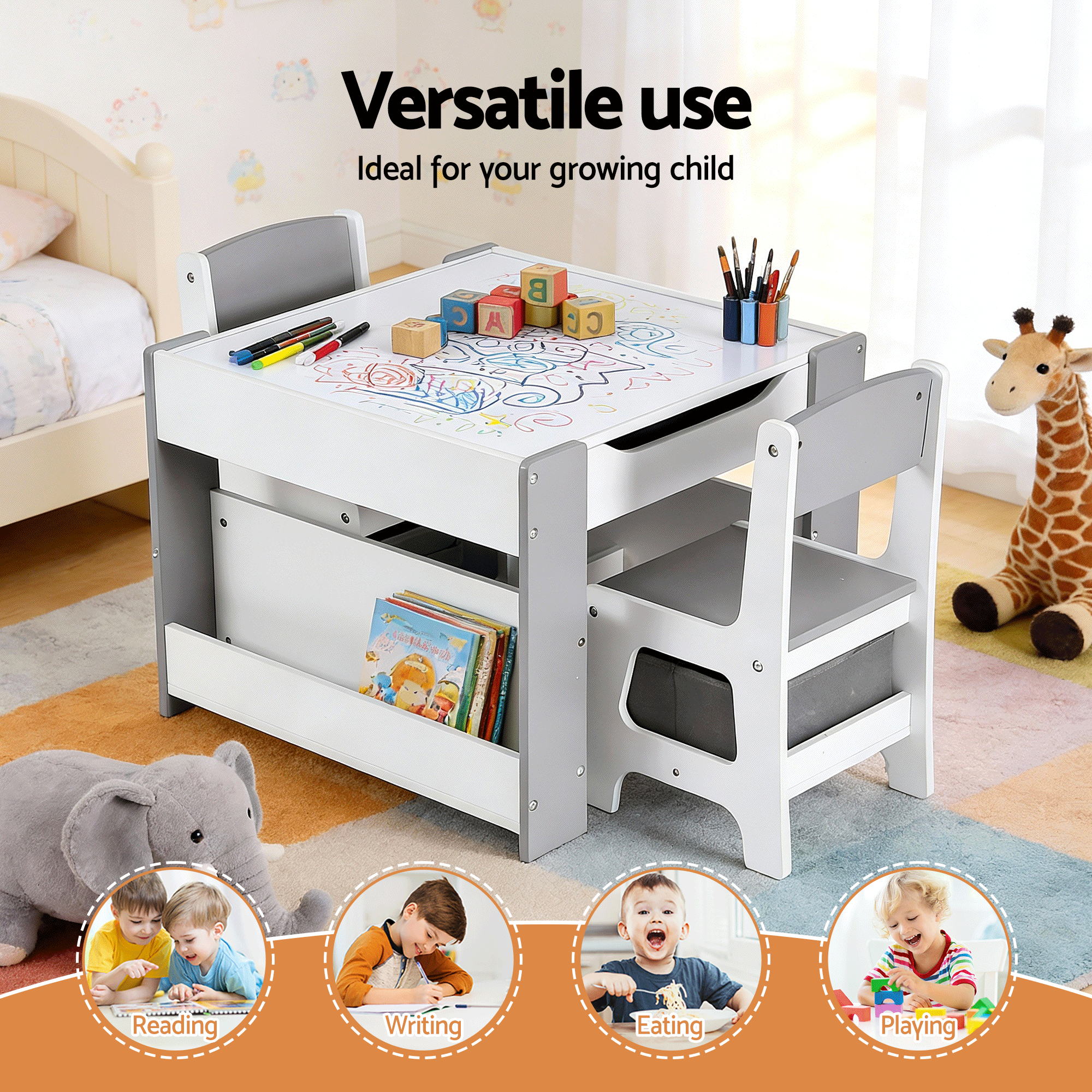 Keezi Kids Table and Chair Set, 4 in 1 Wooden Activity Table with Bookcase, Storage Box and Detachable KTC-G-BS-GY
