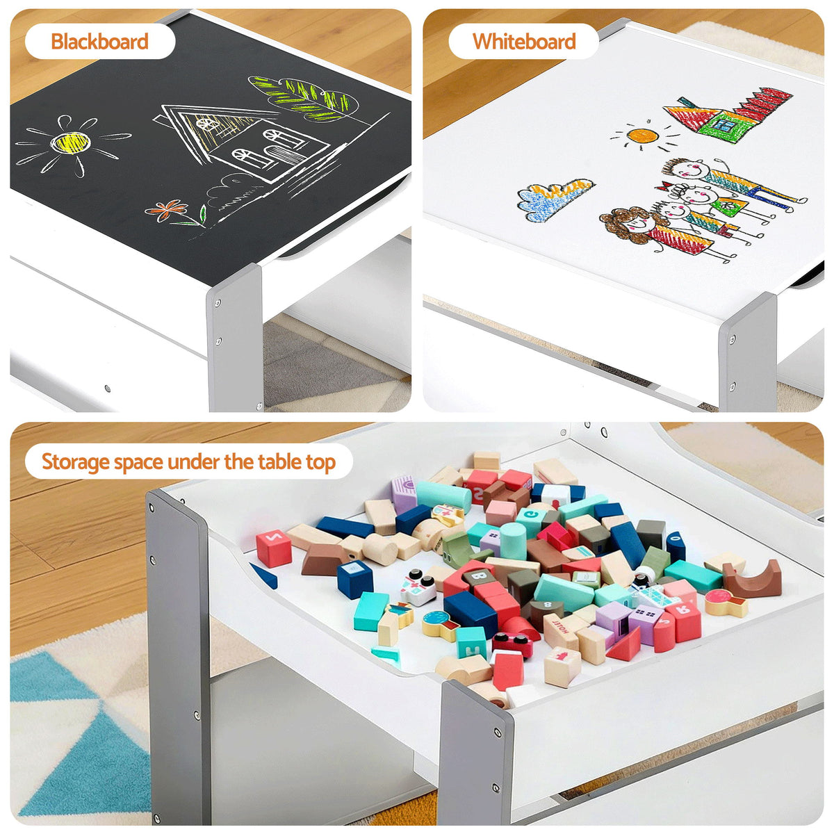 Keezi Kids Table and Chair Set, 4 in 1 Wooden Activity Table with Bookcase, Storage Box and Detachable KTC-G-BS-GY