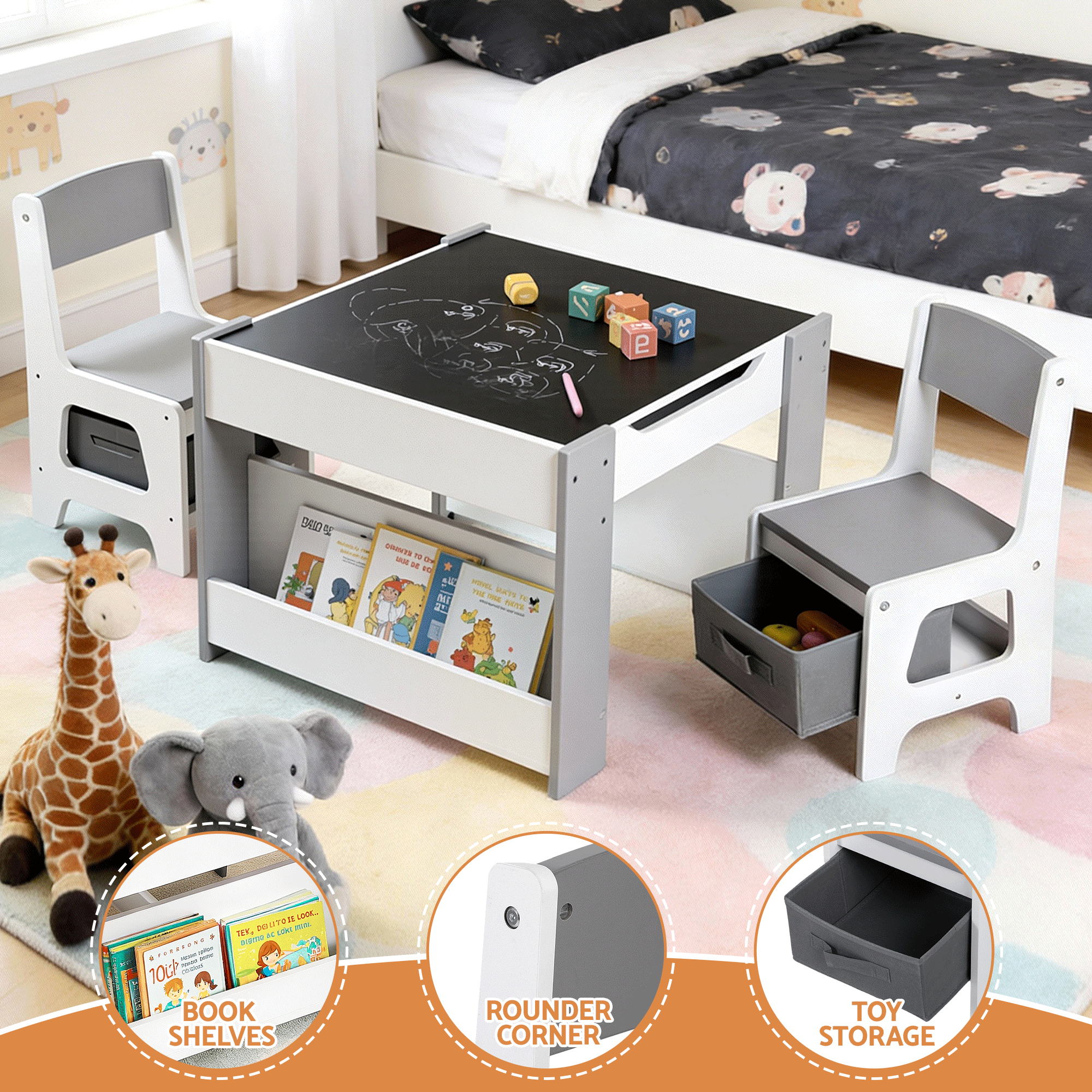 Keezi Kids Table and Chair Set, 4 in 1 Wooden Activity Table with Bookcase, Storage Box and Detachable KTC-G-BS-GY
