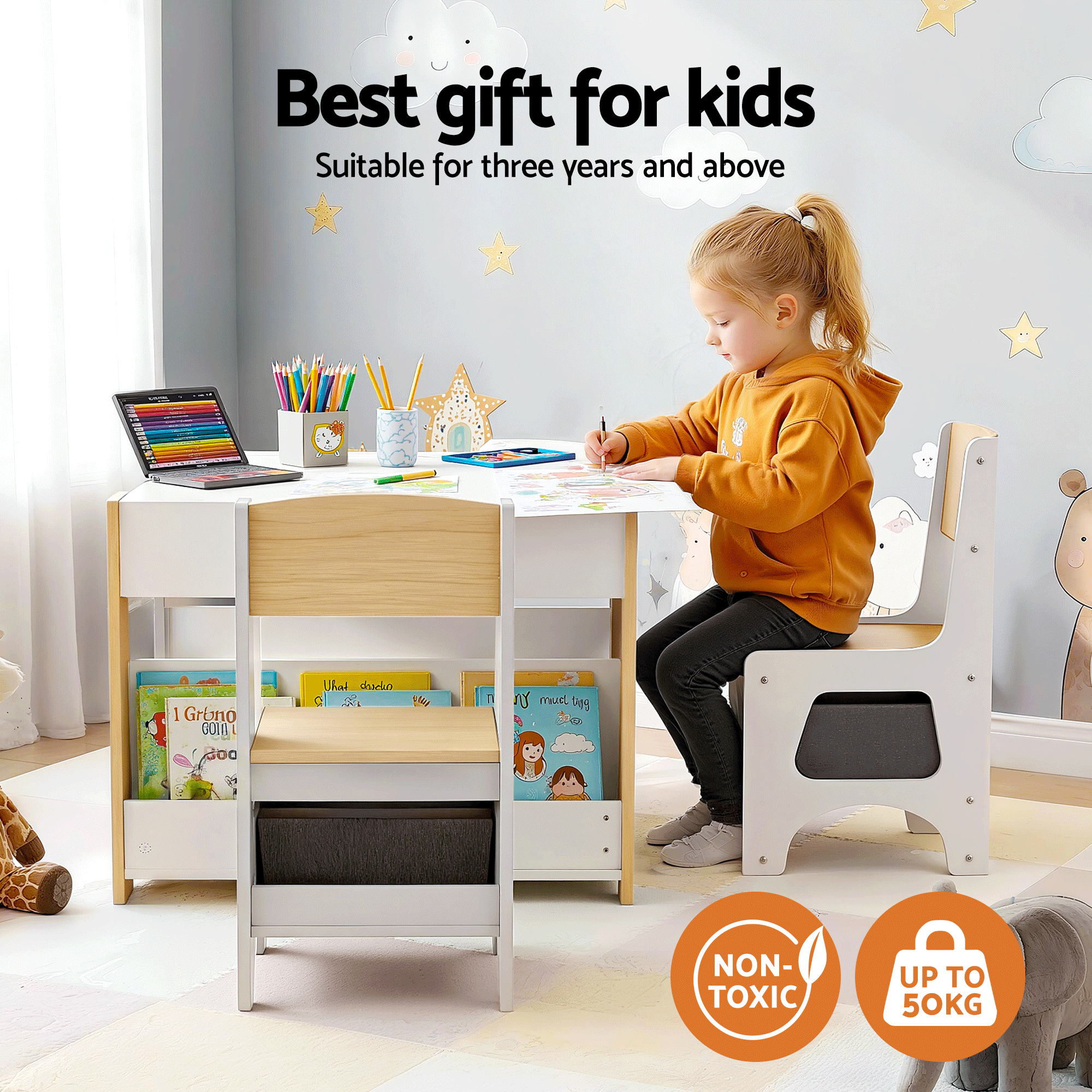 Keezi Kids Table and Chair Set, 4 in 1 Wooden Activity Table with Bookcase, Storage Box and Detachable KTC-G-BS-NT