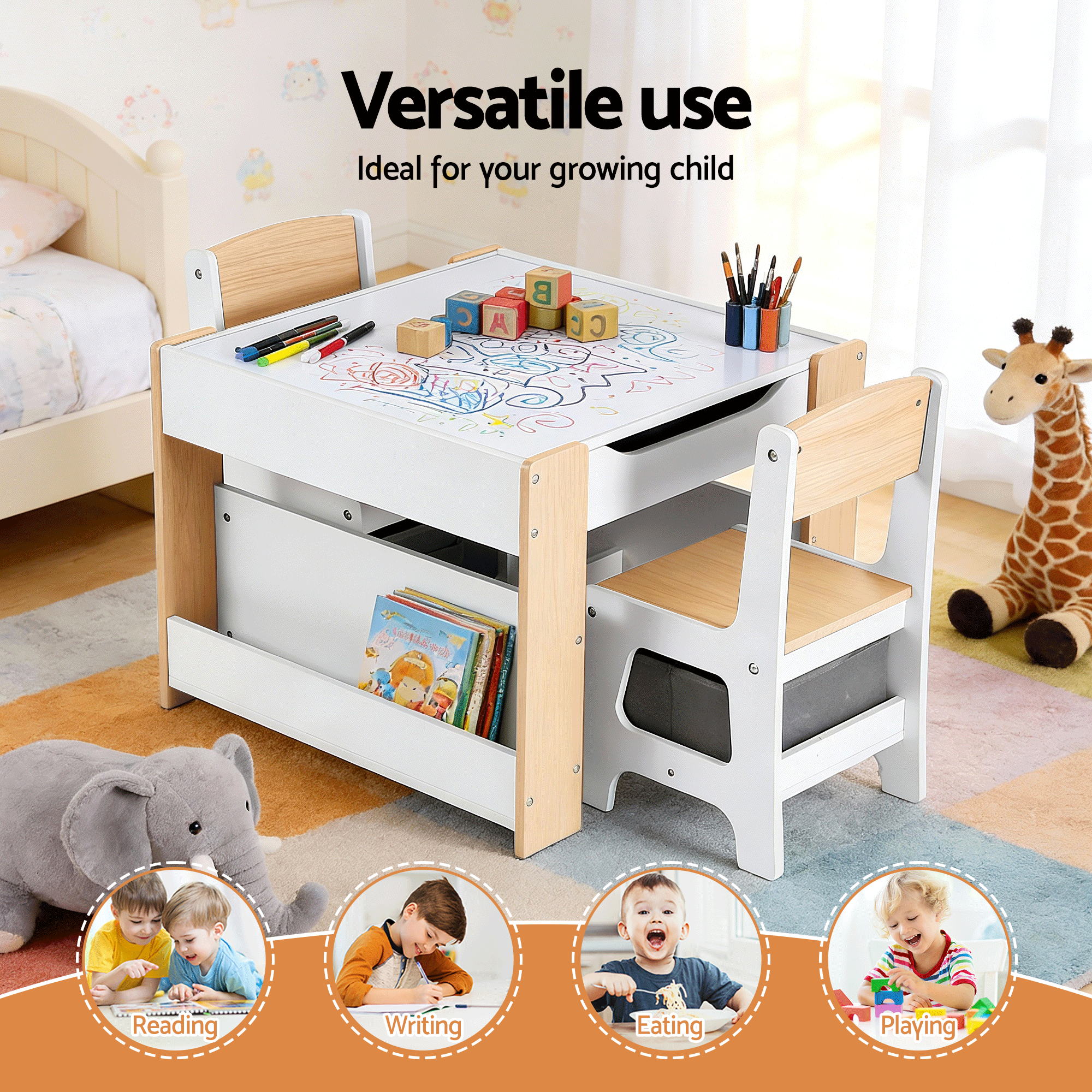Keezi Kids Table and Chair Set, 4 in 1 Wooden Activity Table with Bookcase, Storage Box and Detachable KTC-G-BS-NT
