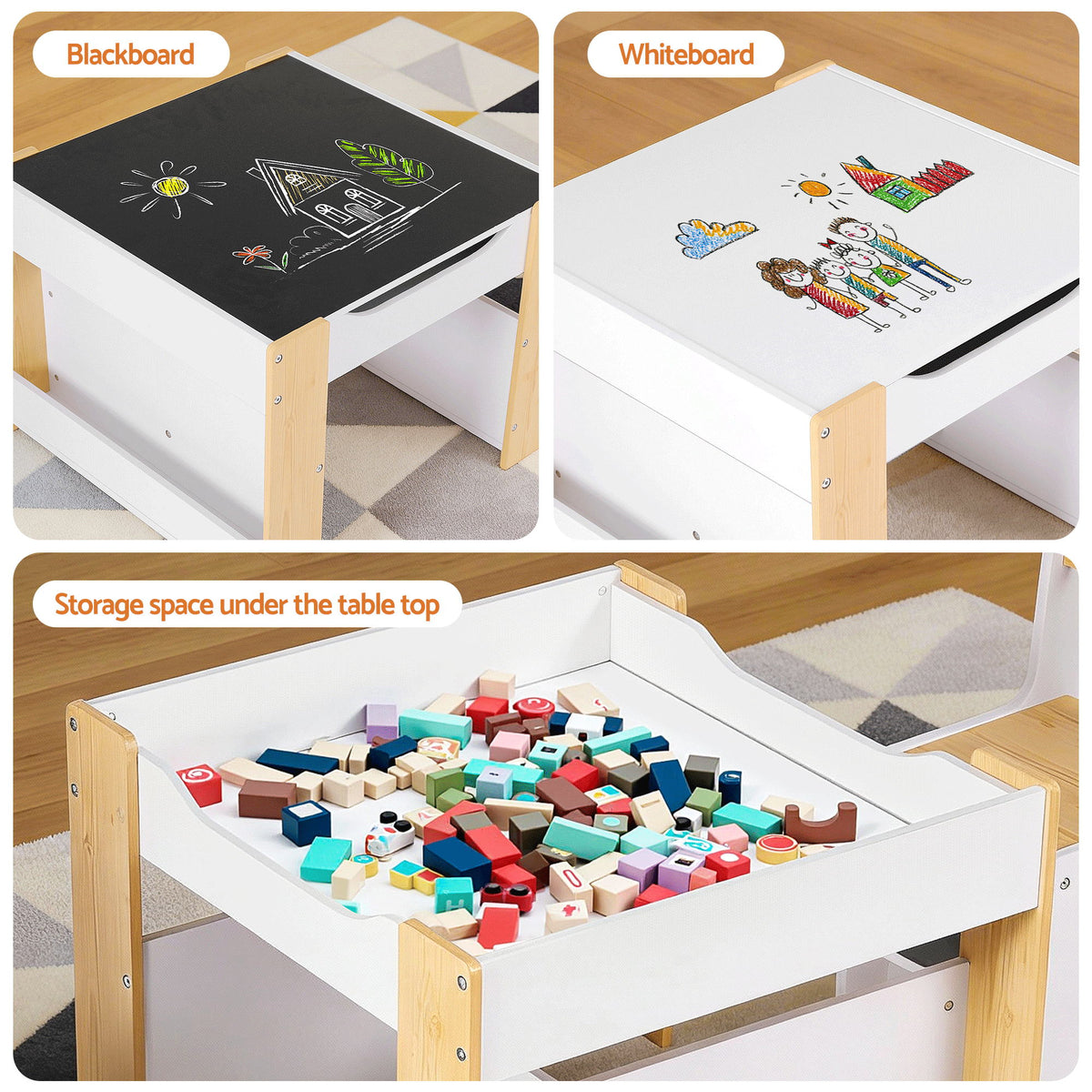 Keezi Kids Table and Chair Set, 4 in 1 Wooden Activity Table with Bookcase, Storage Box and Detachable KTC-G-BS-NT
