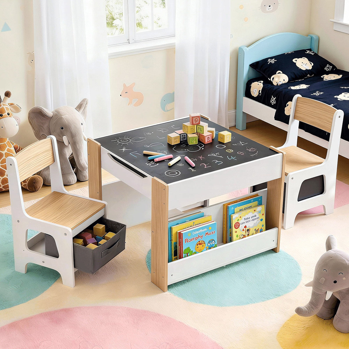 Keezi Kids Table and Chair Set, 4 in 1 Wooden Activity Table with Bookcase, Storage Box and Detachable KTC-G-BS-NT