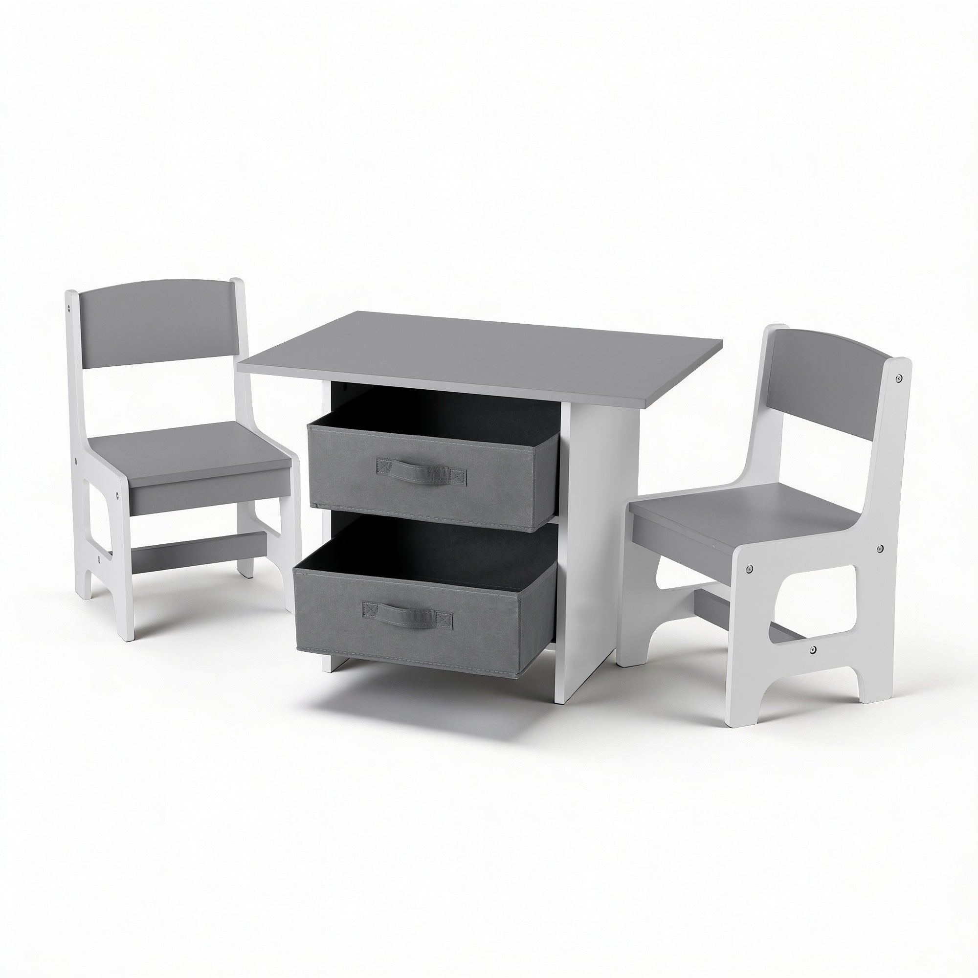 Keezi Kids Table and 2 Chairs Set Wooden Activity Table wit 2 Storage Drawers, Toddler Table and Chair Set KTC-G-MS-GY