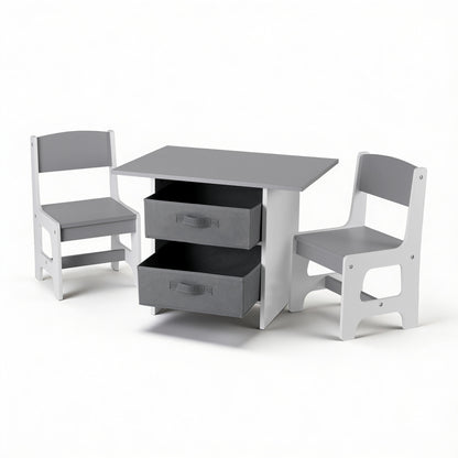 Keezi Kids Table and 2 Chairs Set Wooden Activity Table wit 2 Storage Drawers, Toddler Table and Chair Set KTC-G-MS-GY