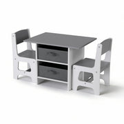 Keezi Kids Table and 2 Chairs Set Wooden Activity Table wit 2 Storage Drawers, Toddler Table and Chair Set KTC-G-MS-GY