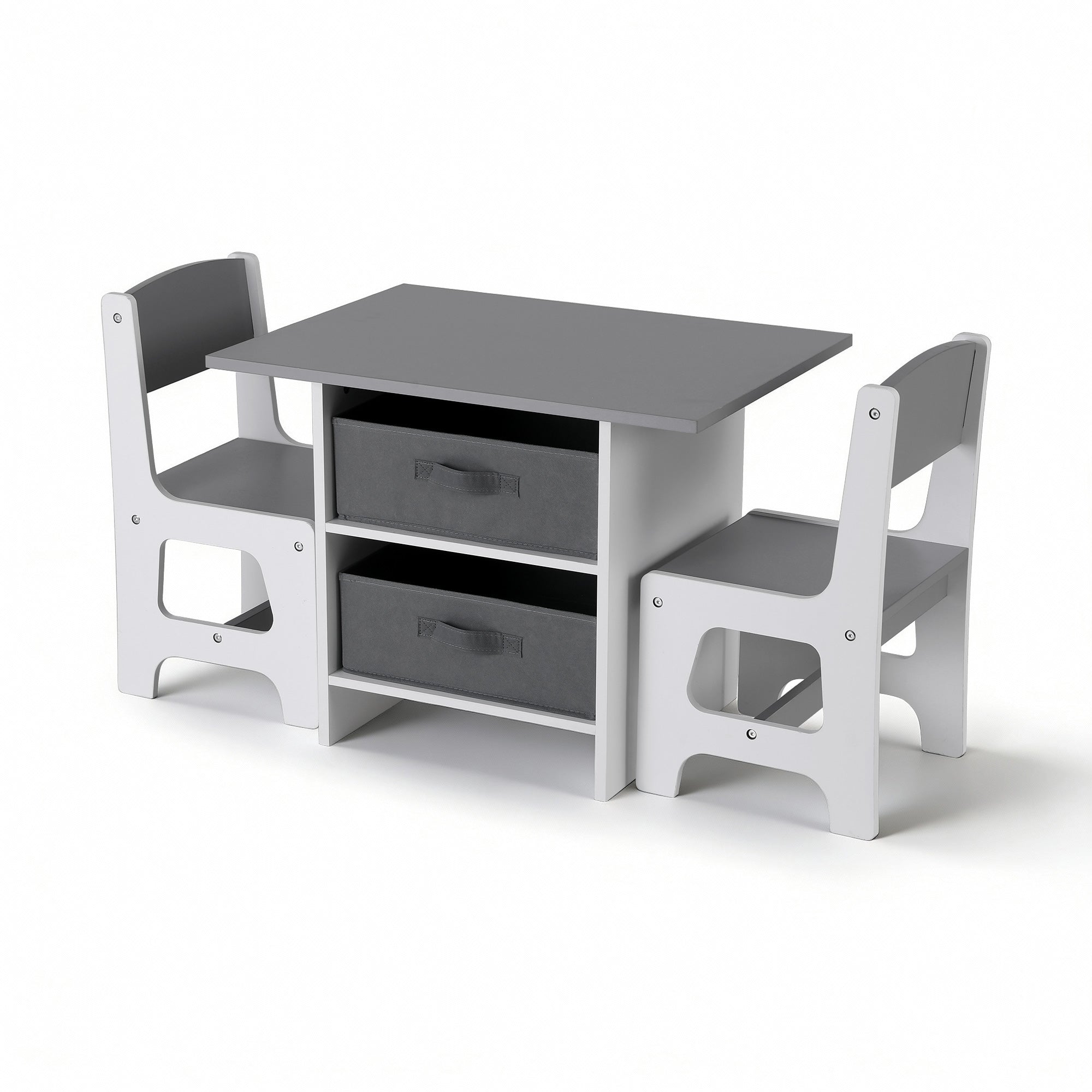 Keezi Kids Table and 2 Chairs Set Wooden Activity Table wit 2 Storage Drawers, Toddler Table and Chair Set KTC-G-MS-GY