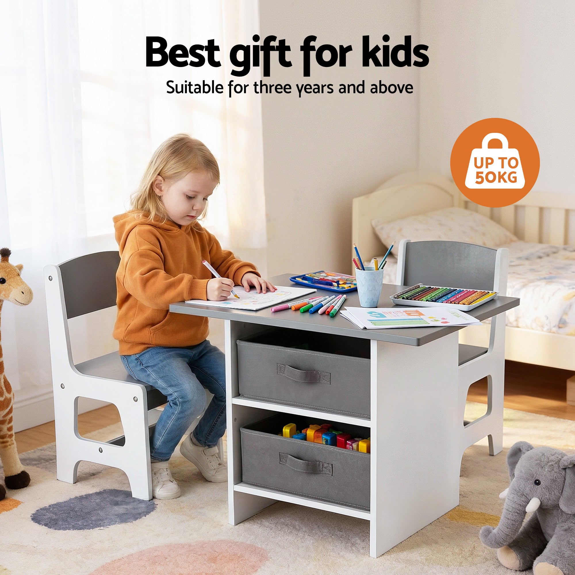 Keezi Kids Table and 2 Chairs Set Wooden Activity Table wit 2 Storage Drawers, Toddler Table and Chair Set KTC-G-MS-GY