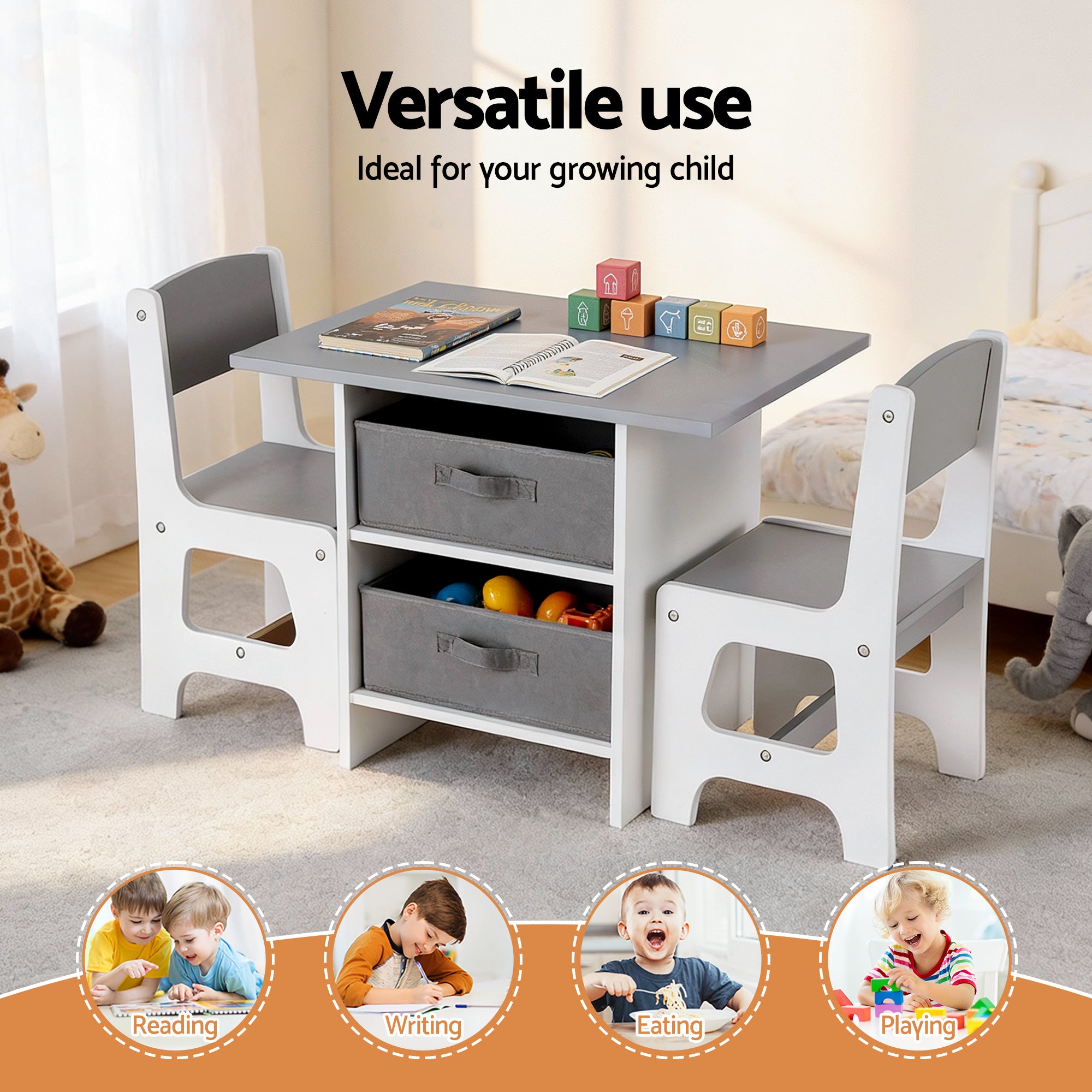 Keezi Kids Table and 2 Chairs Set Wooden Activity Table wit 2 Storage Drawers, Toddler Table and Chair Set KTC-G-MS-GY