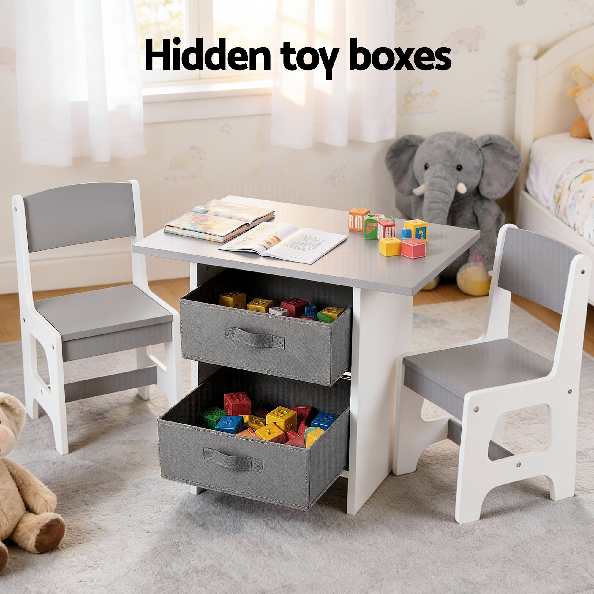 Keezi Kids Table and 2 Chairs Set Wooden Activity Table wit 2 Storage Drawers, Toddler Table and Chair Set KTC-G-MS-GY