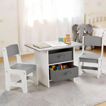 Keezi Kids Table and 2 Chairs Set Wooden Activity Table wit 2 Storage Drawers, Toddler Table and Chair Set KTC-G-MS-GY