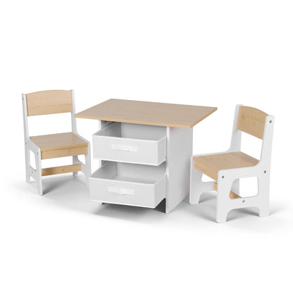 Keezi Kids Table and 2 Chairs Set Wooden Activity Table wit 2 Storage Drawers, Toddler Table and Chair Set KTC-G-MS-NT