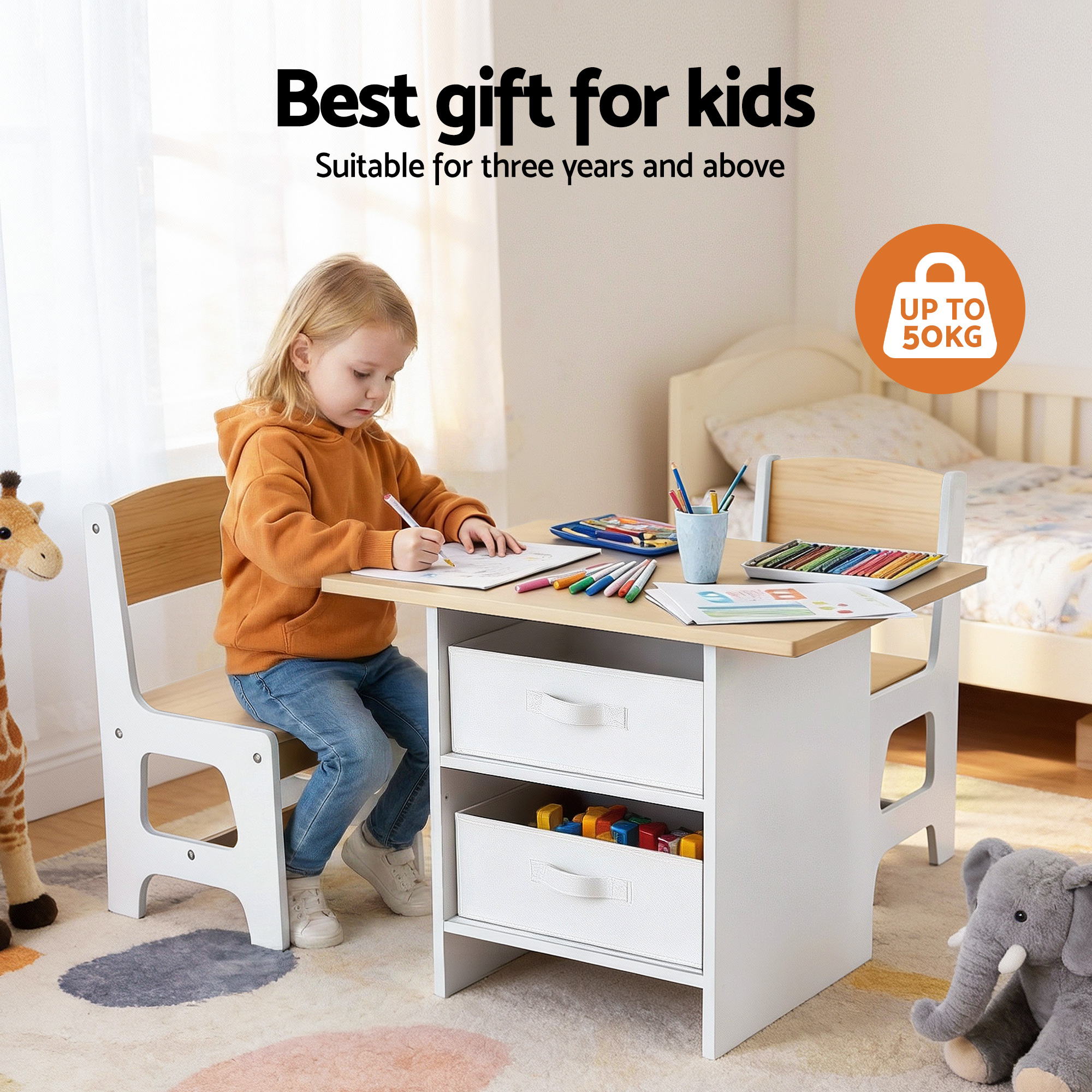 Keezi Kids Table and 2 Chairs Set Wooden Activity Table wit 2 Storage Drawers, Toddler Table and Chair Set KTC-G-MS-NT