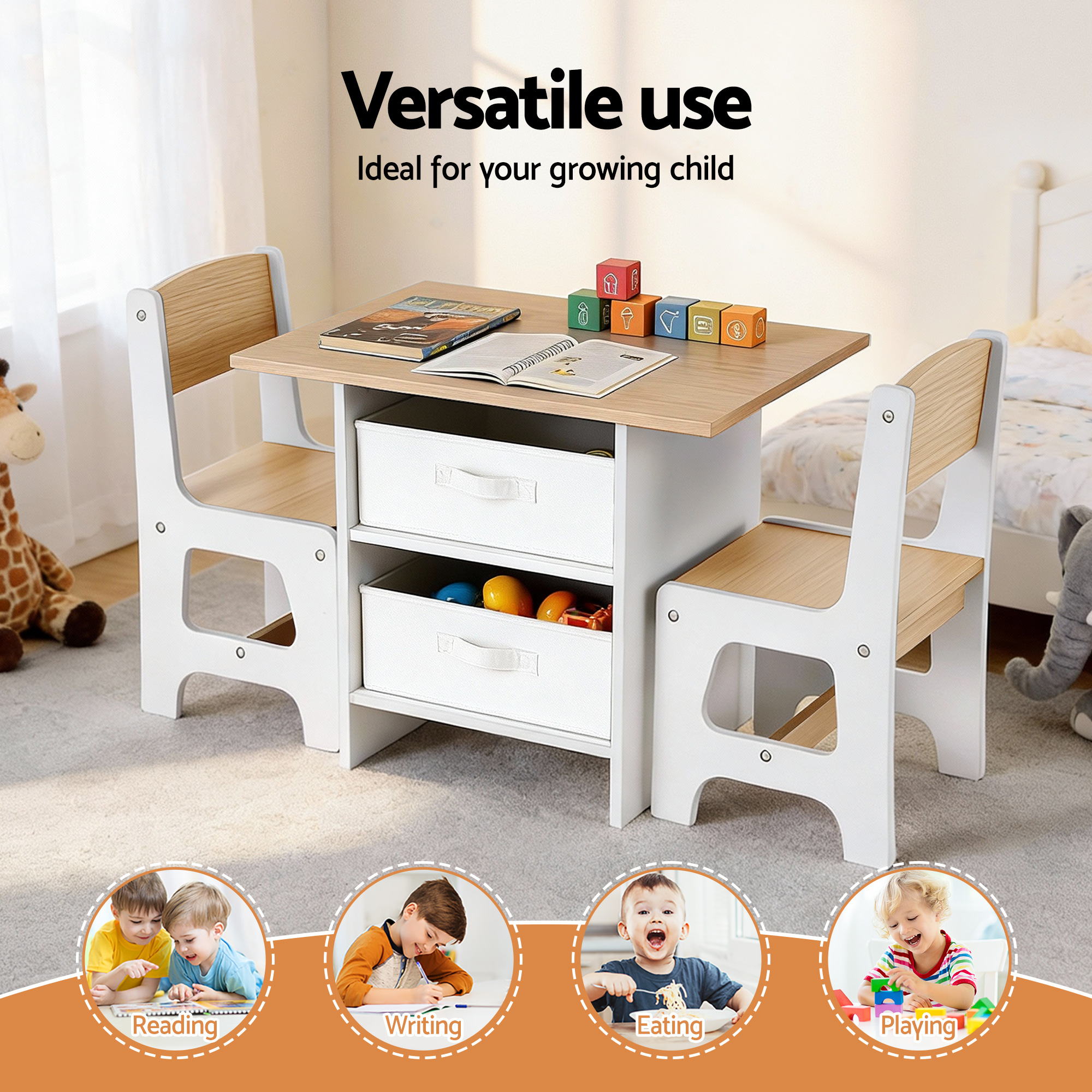 Keezi Kids Table and 2 Chairs Set Wooden Activity Table wit 2 Storage Drawers, Toddler Table and Chair Set KTC-G-MS-NT