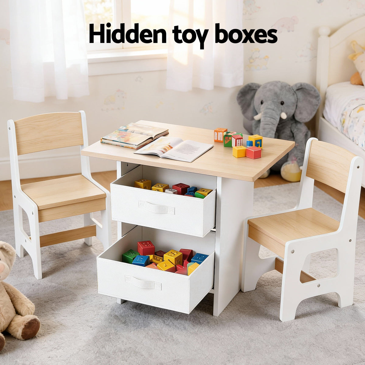 Keezi Kids Table and 2 Chairs Set Wooden Activity Table wit 2 Storage Drawers, Toddler Table and Chair Set KTC-G-MS-NT