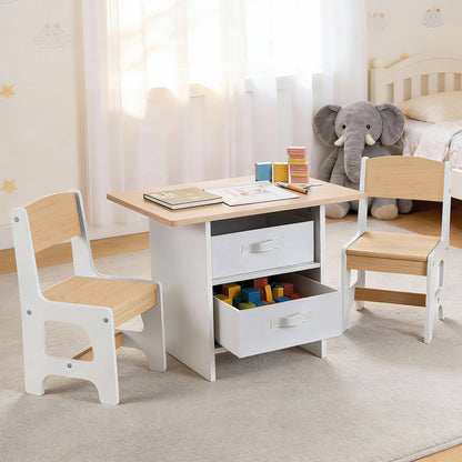 Keezi Kids Table and 2 Chairs Set Wooden Activity Table wit 2 Storage Drawers, Toddler Table and Chair Set KTC-G-MS-NT