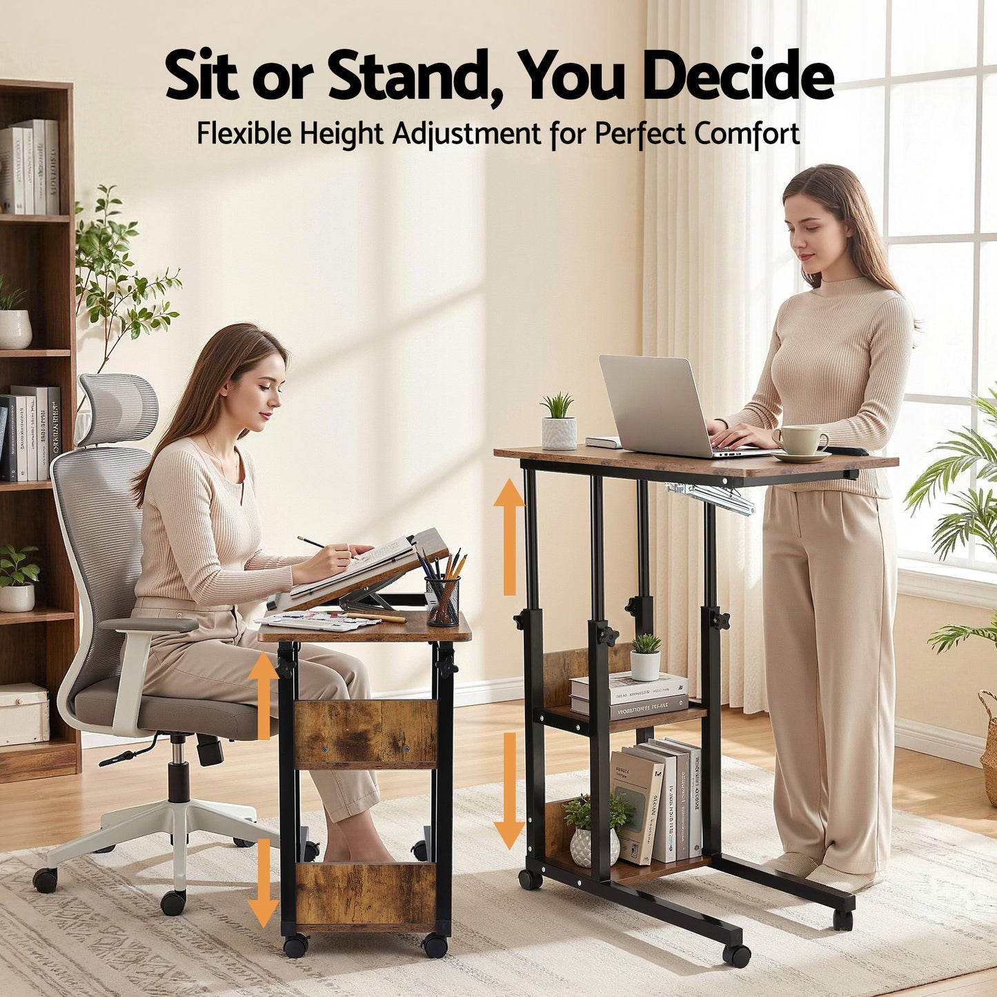 Artiss 3 Tier Adjustable Laptop Desk Tiltable Mobile Side Table Wheels LA-DESK-C-60-2T-WA