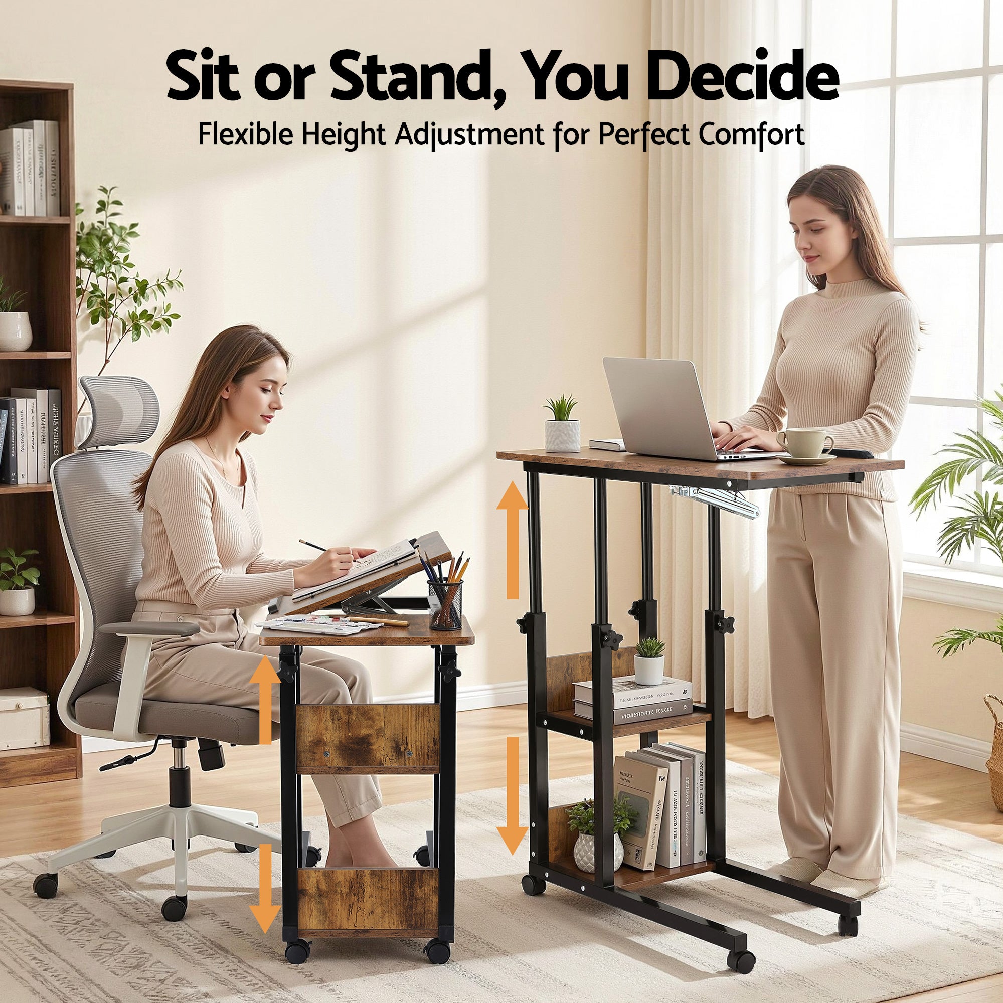 Artiss 3 Tier Adjustable Laptop Desk Tiltable Mobile Side Table Wheels LA-DESK-C-60-2T-WA
