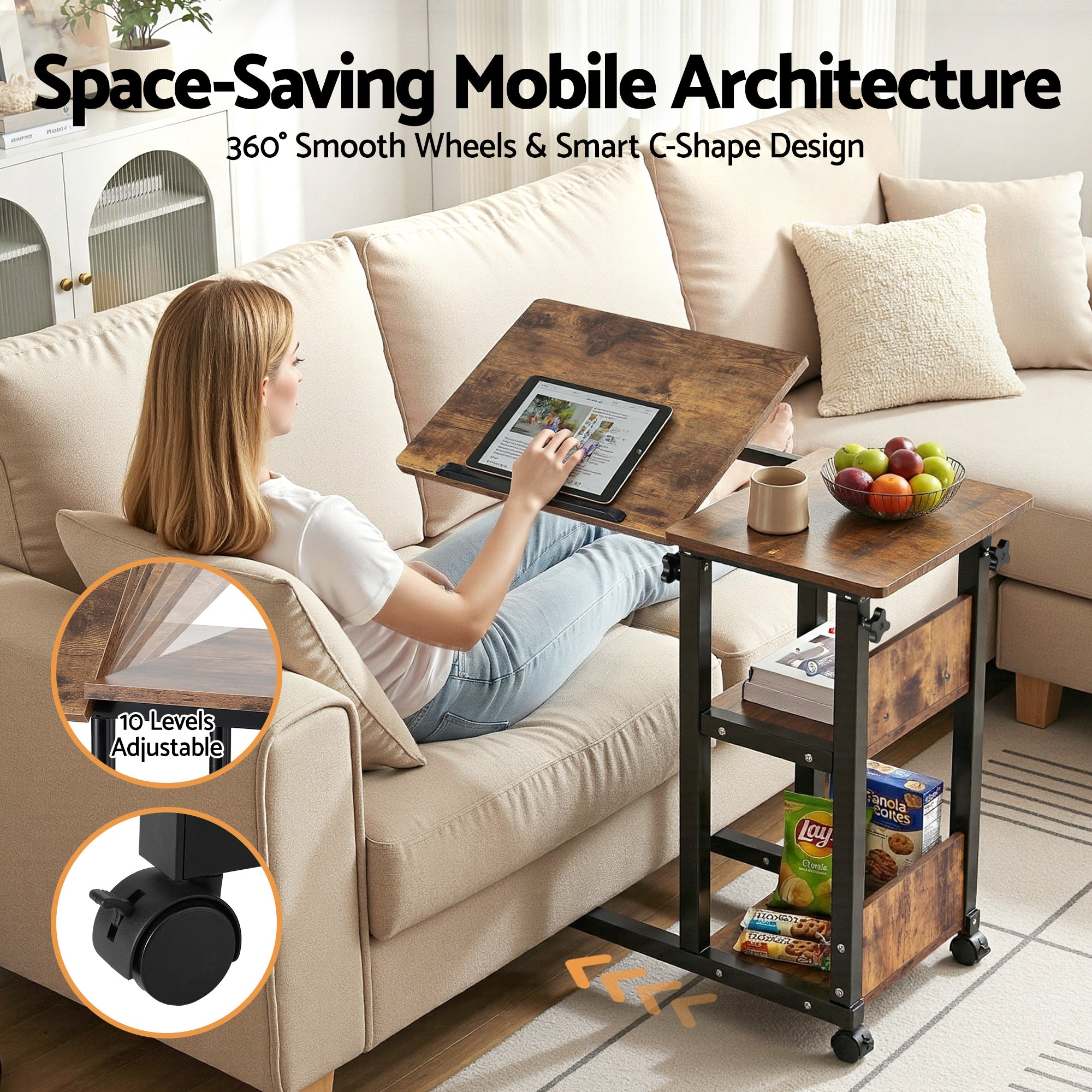 Artiss 3 Tier Adjustable Laptop Desk Tiltable Mobile Side Table Wheels LA-DESK-C-60-2T-WA