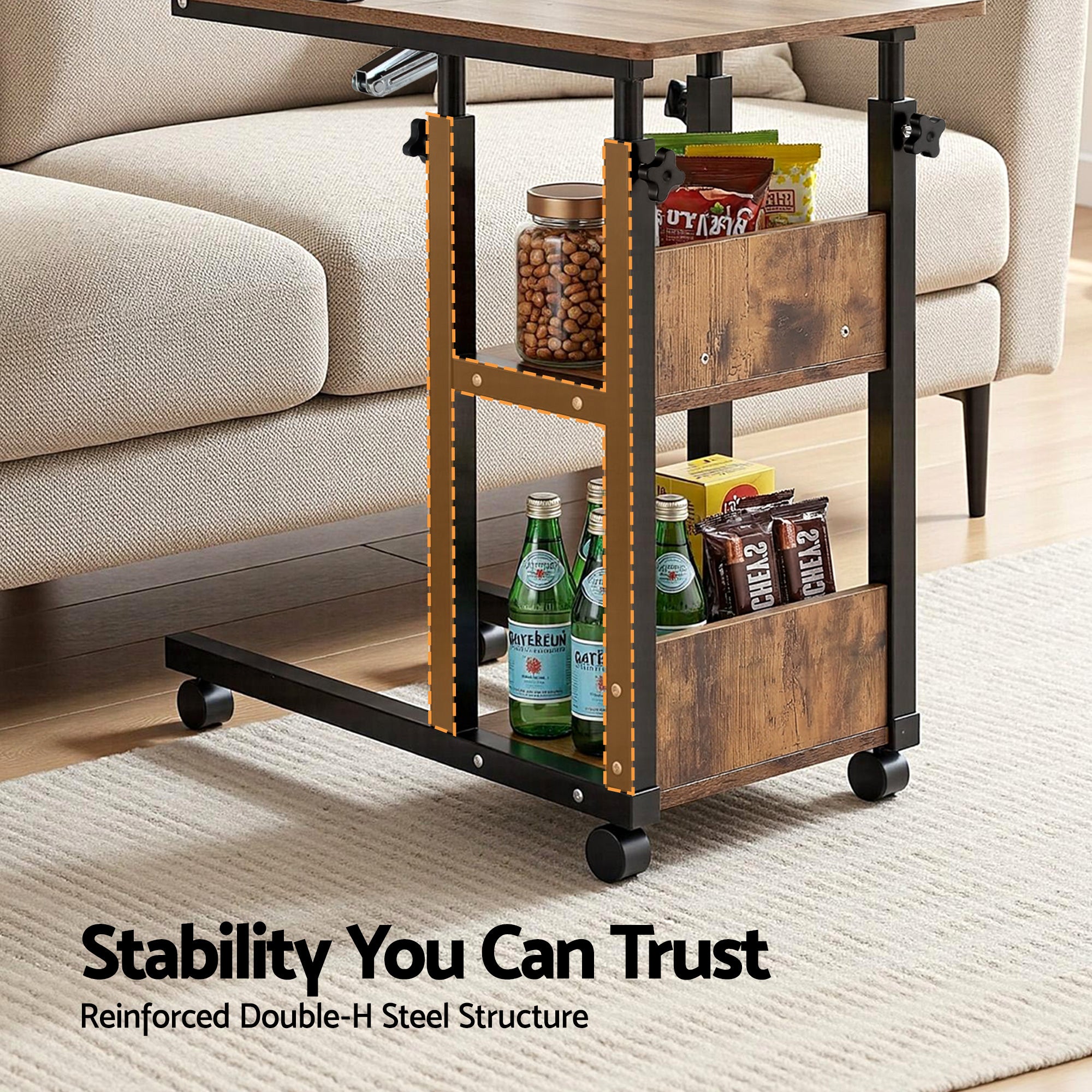 Artiss 3 Tier Adjustable Laptop Desk Tiltable Mobile Side Table Wheels LA-DESK-C-60-2T-WA