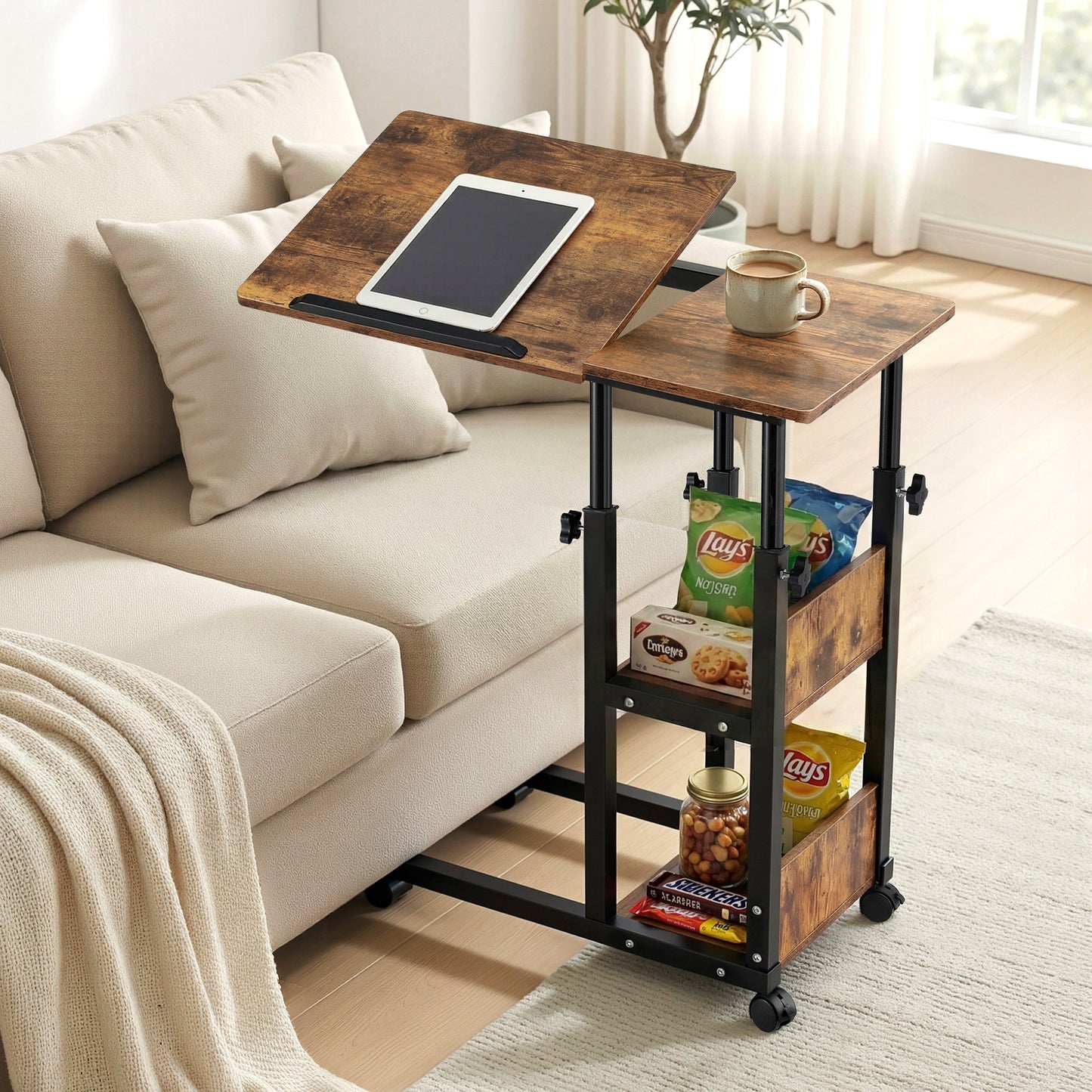 Artiss 3 Tier Adjustable Laptop Desk Tiltable Mobile Side Table Wheels LA-DESK-C-60-2T-WA