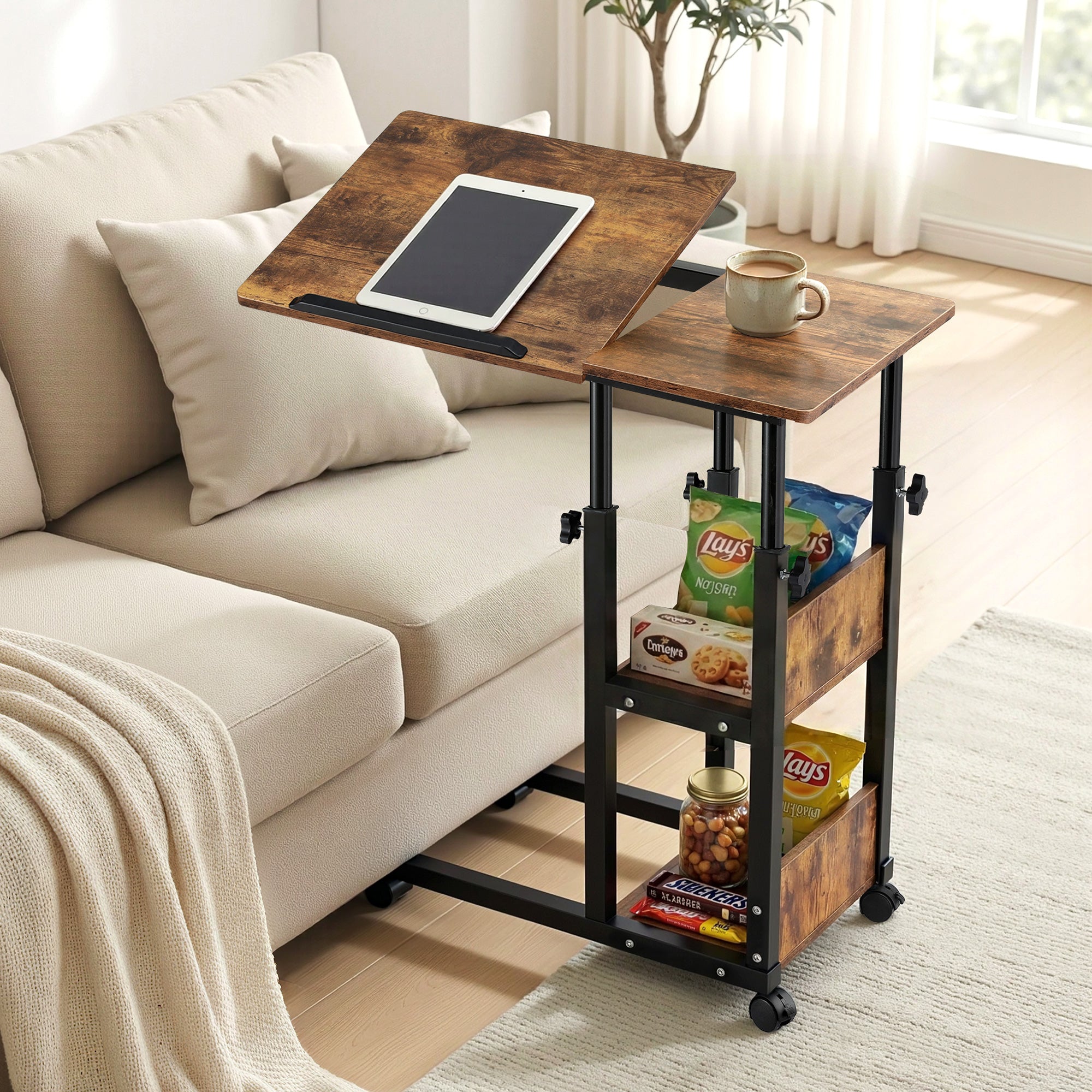 Artiss 3 Tier Adjustable Laptop Desk Tiltable Mobile Side Table Wheels LA-DESK-C-60-2T-WA