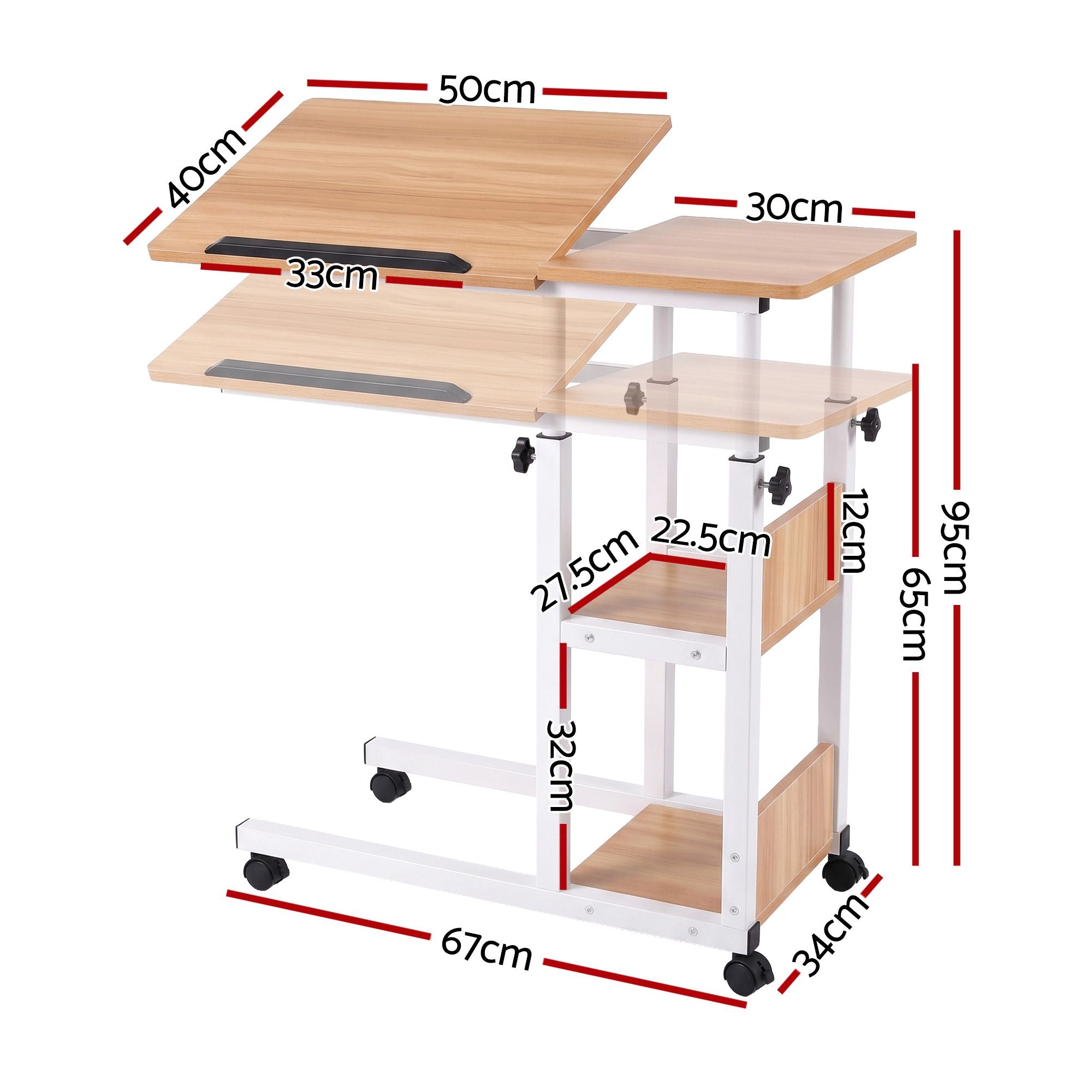 Artiss 3 Tier Adjustable Laptop Desk Tiltable Mobile Side Table Wheels Oak