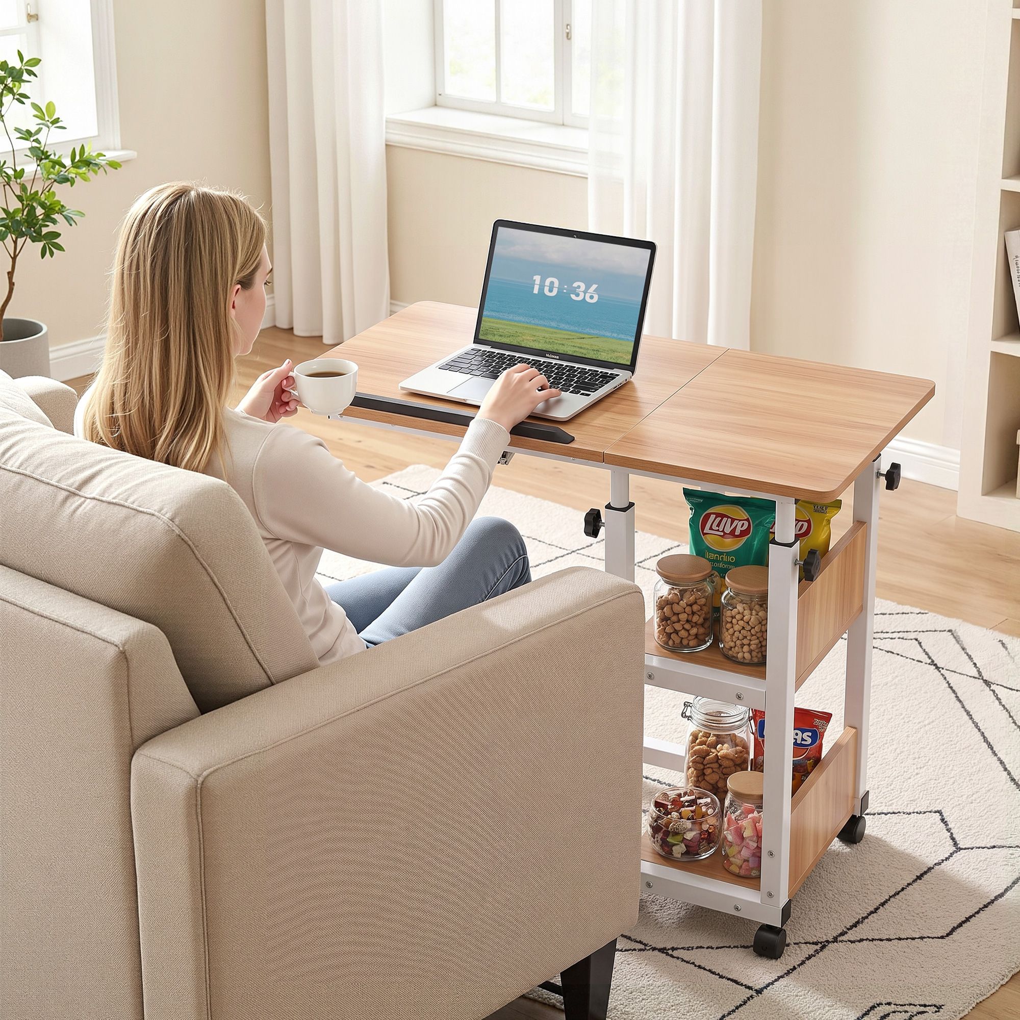 Artiss 3 Tier Adjustable Laptop Desk Tiltable Mobile Side Table Wheels Oak