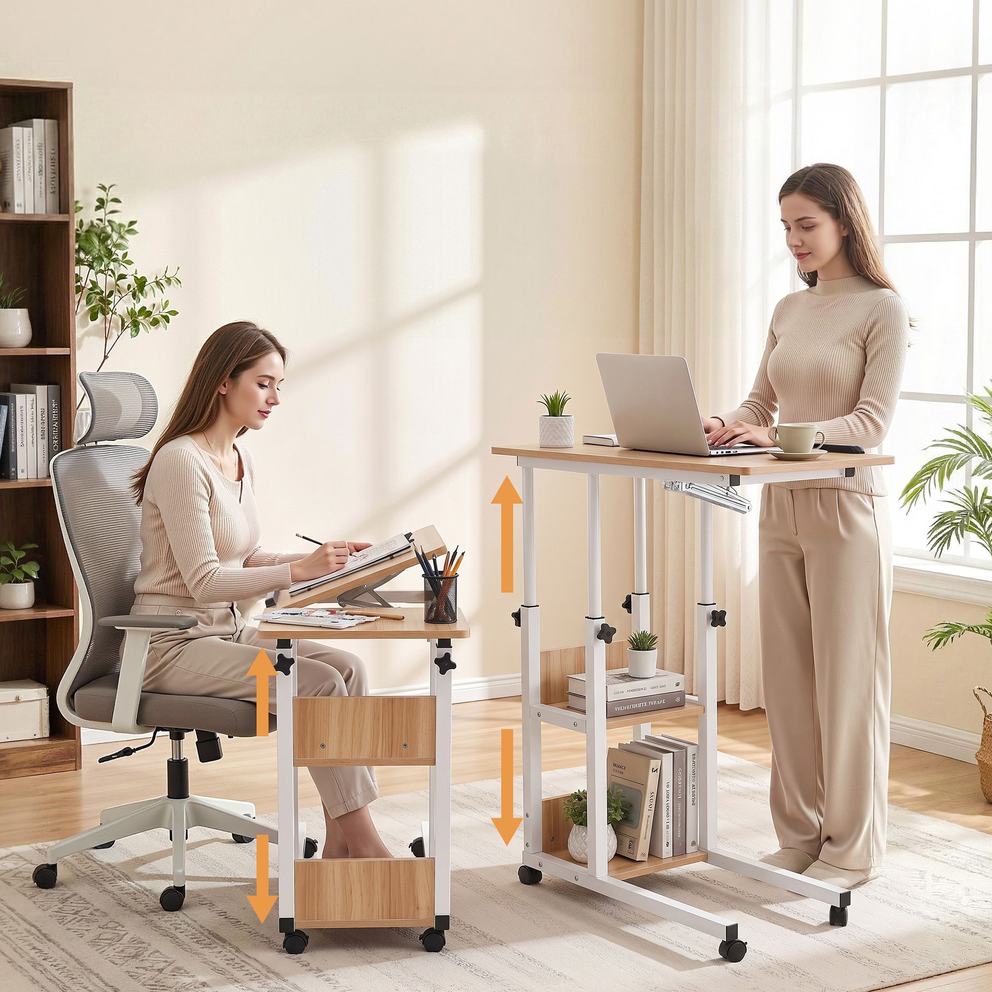 Artiss 3 Tier Adjustable Laptop Desk Tiltable Mobile Side Table Wheels Oak