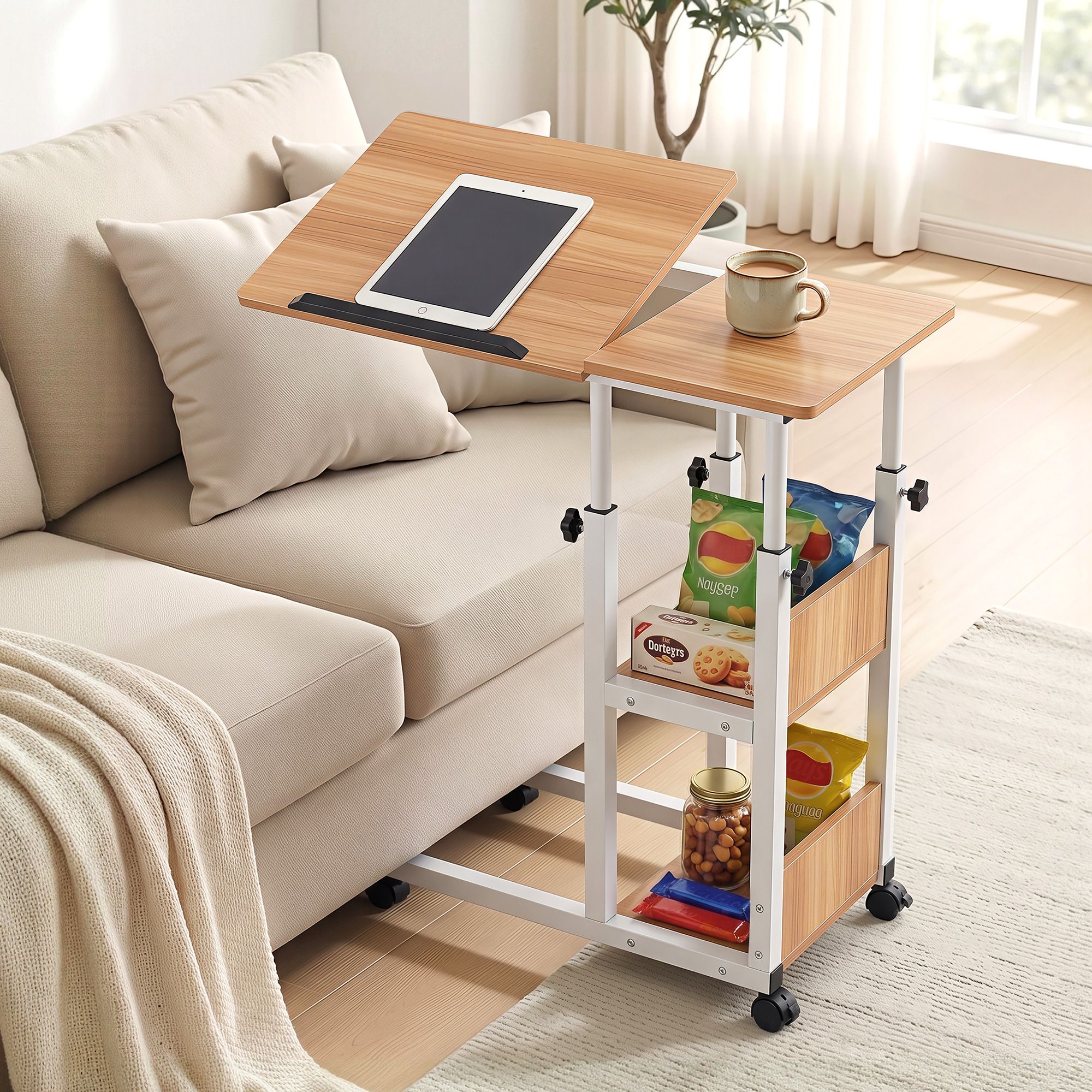Artiss 3 Tier Adjustable Laptop Desk Tiltable Mobile Side Table Wheels Oak