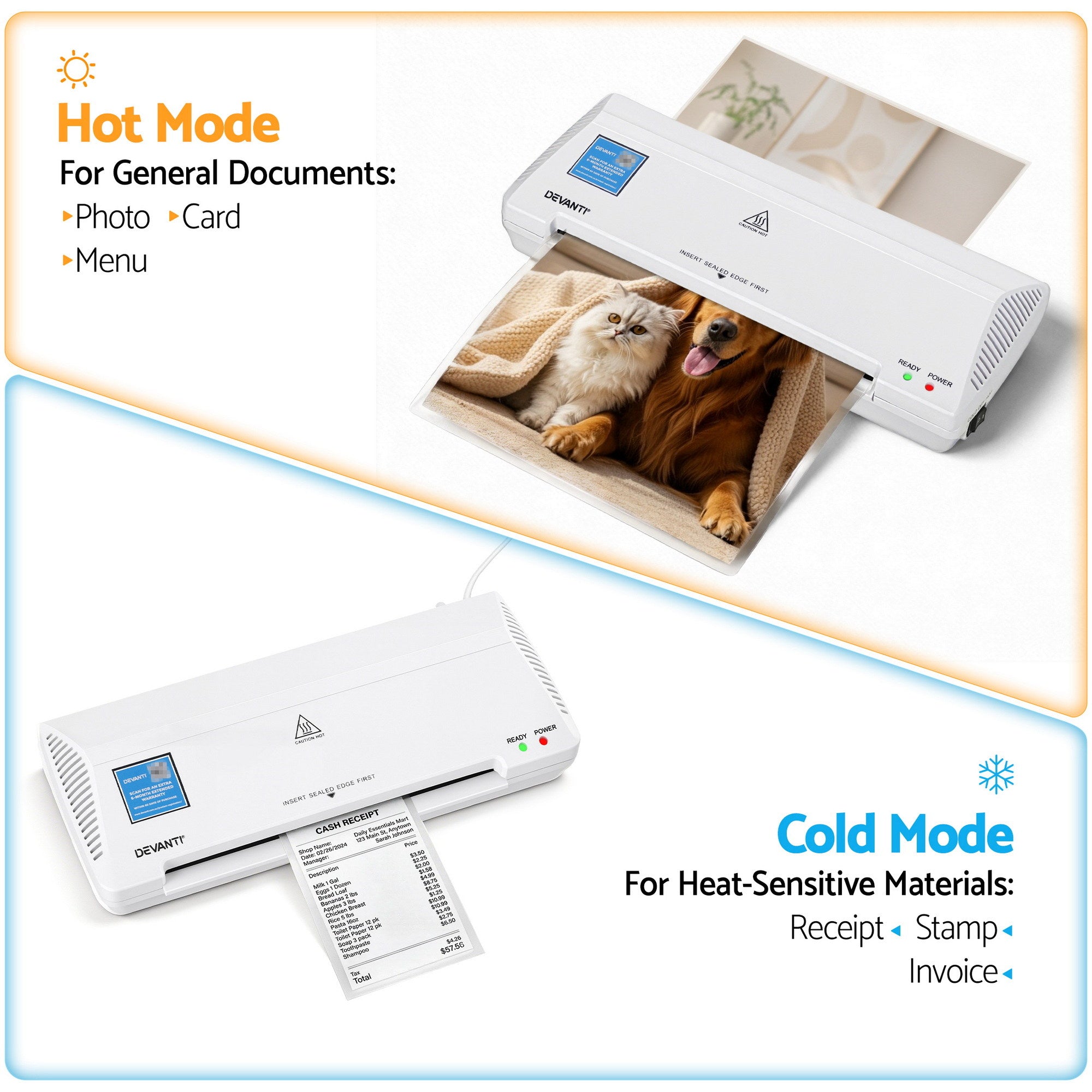 Devanti A4 Laminator Machine, Hot & Cold Thermal Fast Lamination Anti-Jam Laminator for Office School Home LAMI-OL281-A4-WH