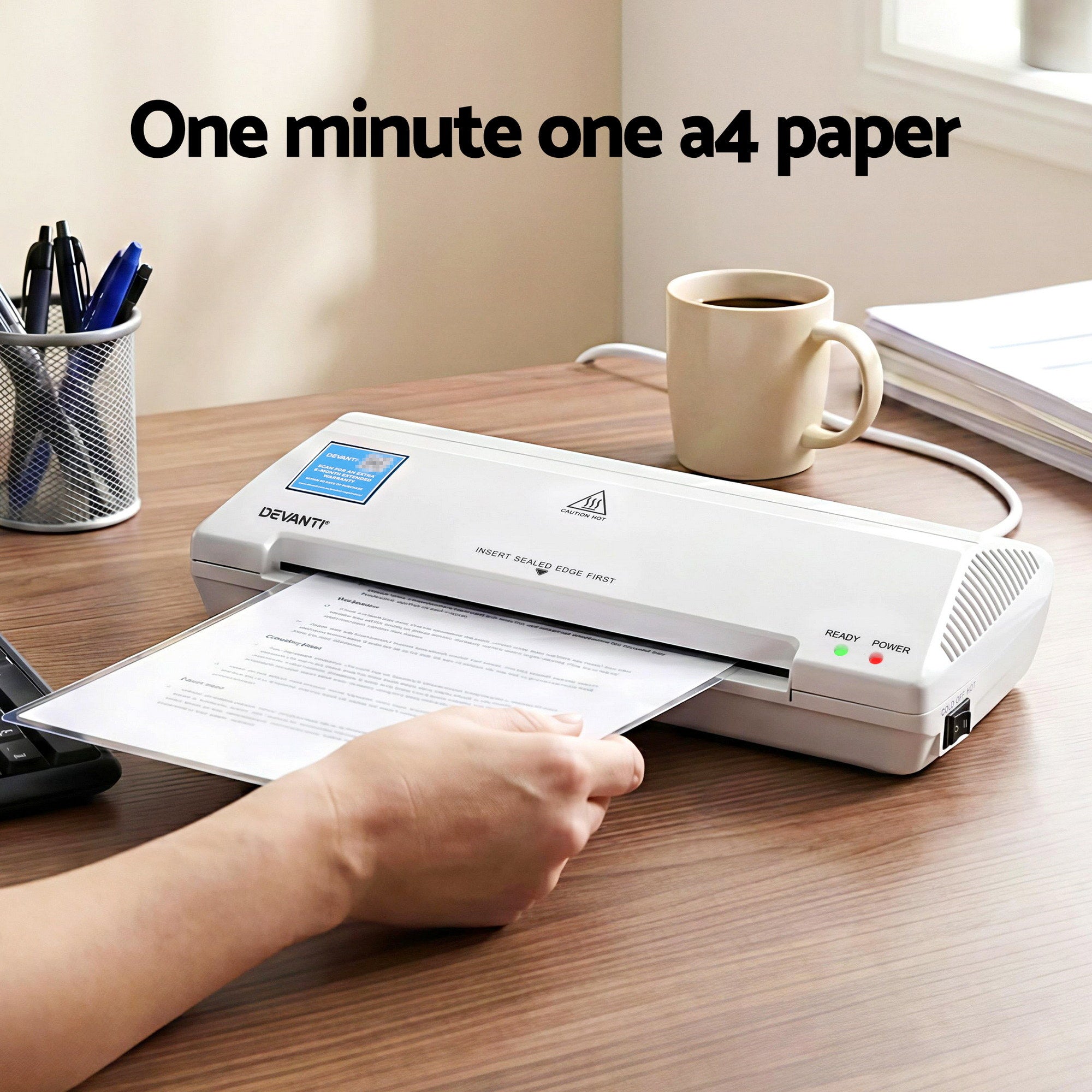Devanti A4 Laminator Machine, Hot & Cold Thermal Fast Lamination Anti-Jam Laminator for Office School Home LAMI-OL281-A4-WH