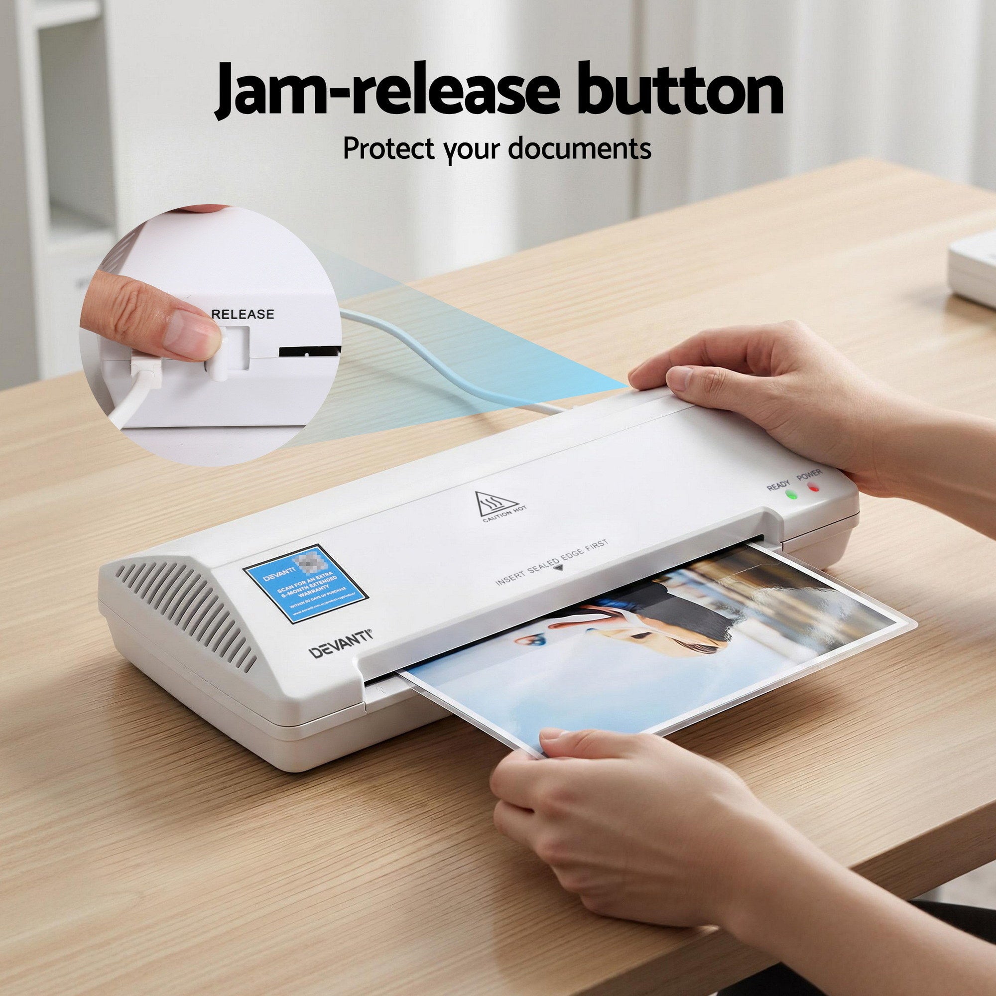 Devanti A4 Laminator Machine, Hot & Cold Thermal Fast Lamination Anti-Jam Laminator for Office School Home LAMI-OL281-A4-WH