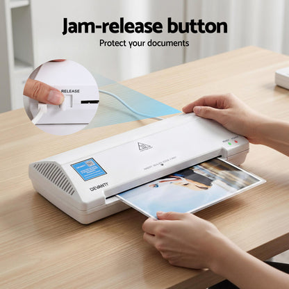 Devanti A4 Laminator Machine, Hot & Cold Thermal Fast Lamination Anti-Jam Laminator for Office School Home LAMI-OL281-A4-WH