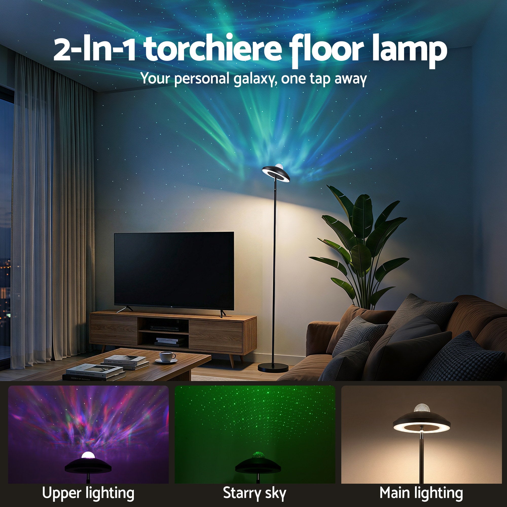 Artiss 2-in-1 LED Floor Lamp with Galaxy Projector &Remote, 178cm Tall Torchiere Standing Light with Dynamic LAMP-FLOOR-2IN1-BK