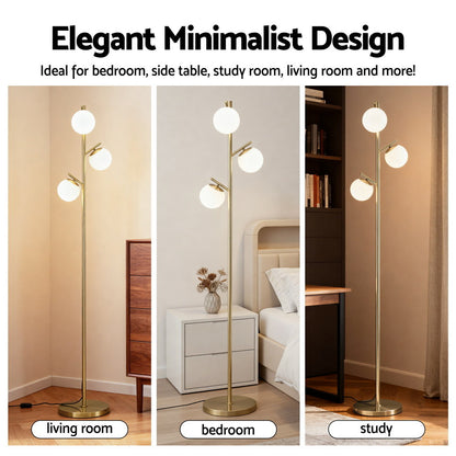 Artiss 3-Light Tree Floor Lamp 165cm Tall Standing Light with Sphere Glass Shades for Modern Homes LAMP-FLOOR-3-GL-GD