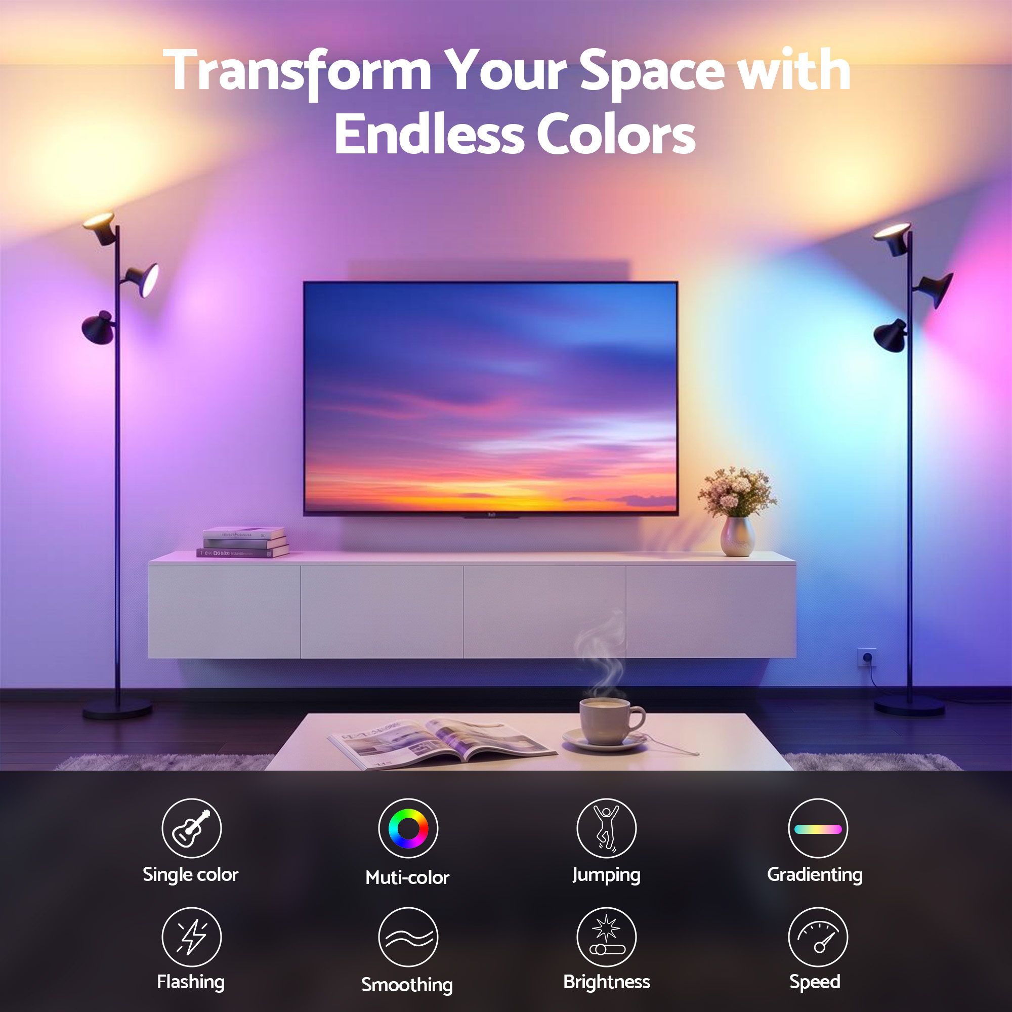 Artiss RGB Floor Lamp LED with 3 Swivel Lights Color Changing Lamp with Remote Stepless Dimmable LAMP-FLOOR-3H-RGB