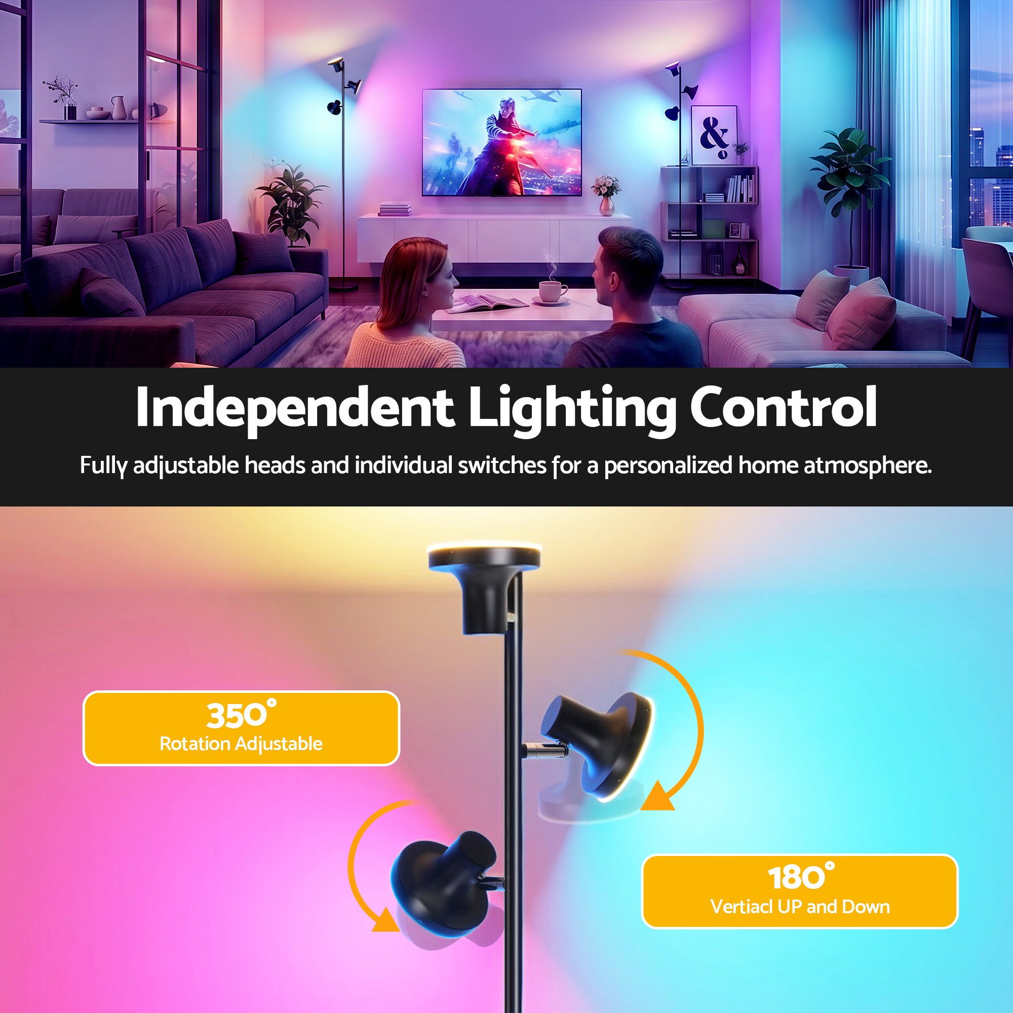 Artiss RGB Floor Lamp LED with 3 Swivel Lights Color Changing Lamp with Remote Stepless Dimmable LAMP-FLOOR-3H-RGB
