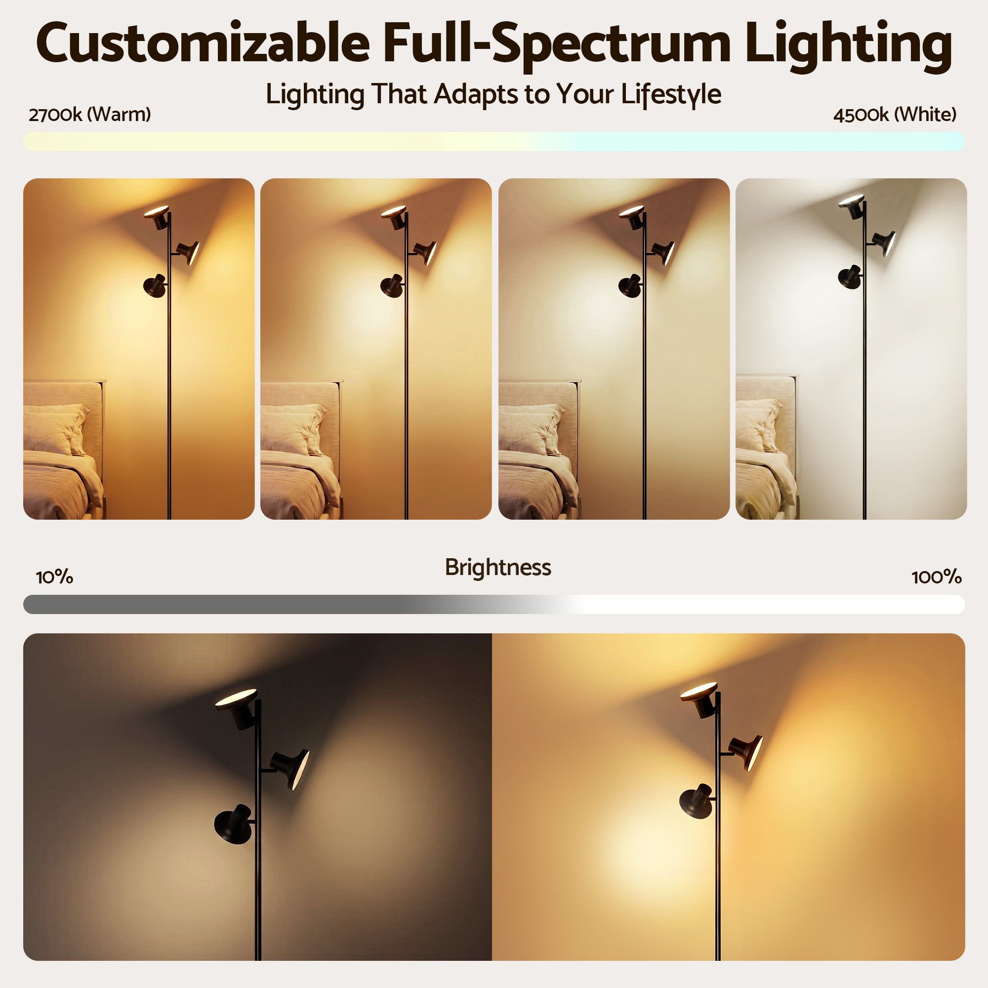 Artiss RGB Floor Lamp LED with 3 Swivel Lights Color Changing Lamp with Remote Stepless Dimmable LAMP-FLOOR-3H-RGB