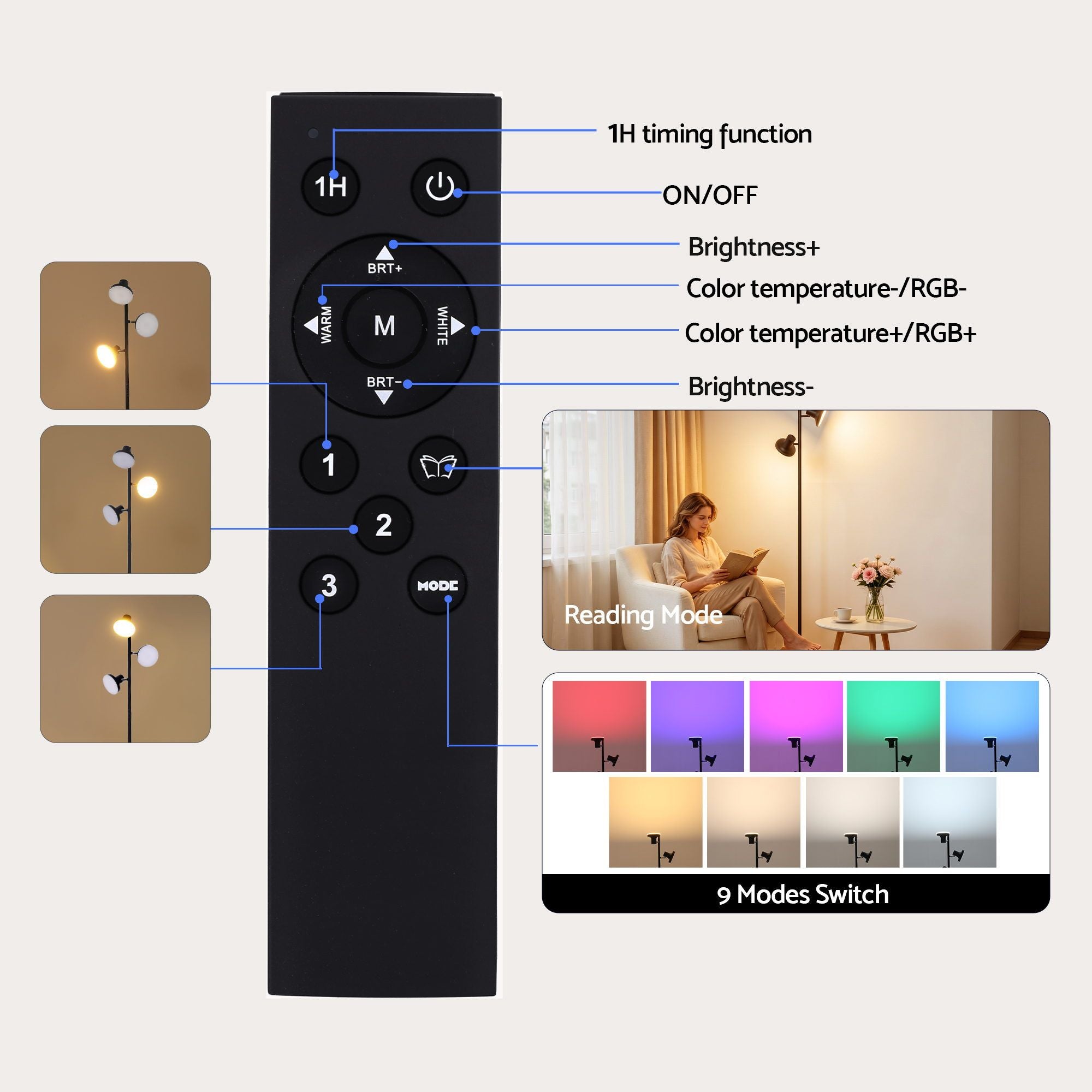 Artiss RGB Floor Lamp LED with 3 Swivel Lights Color Changing Lamp with Remote Stepless Dimmable LAMP-FLOOR-3H-RGB