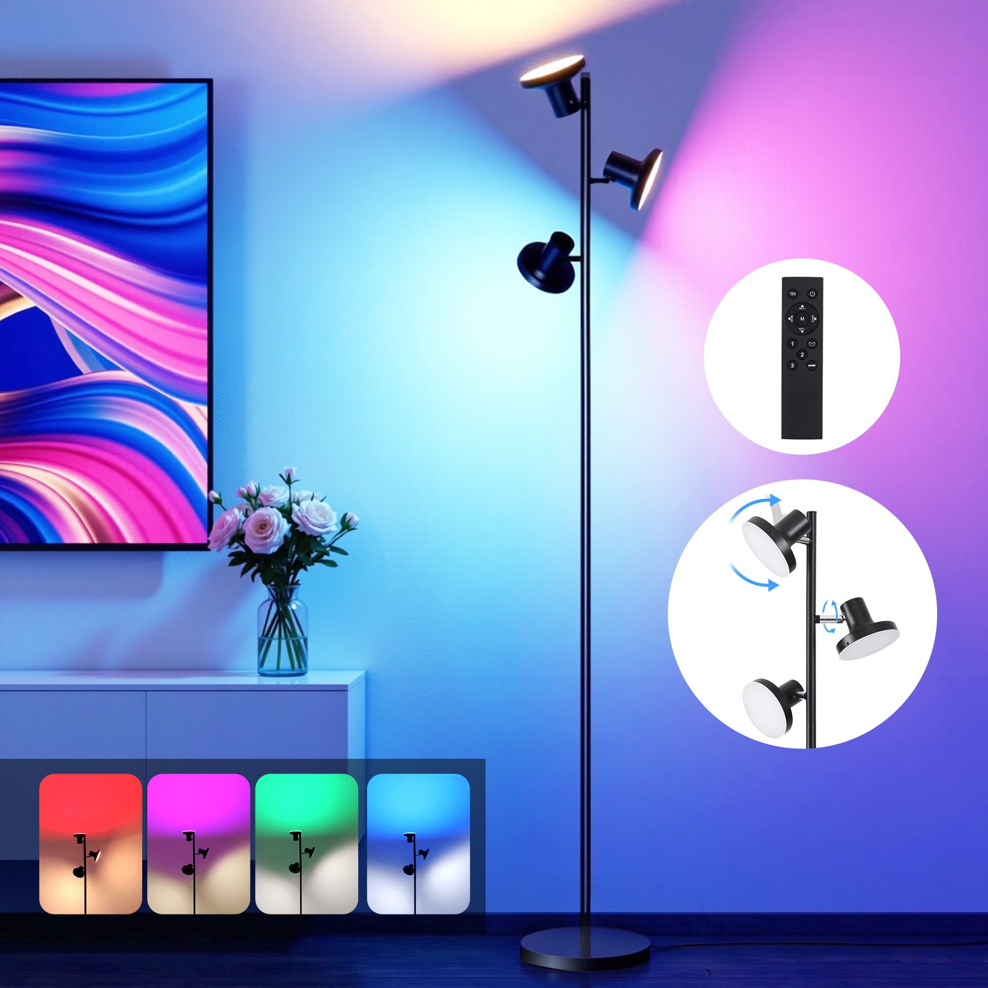 Artiss RGB Floor Lamp LED with 3 Swivel Lights Color Changing Lamp with Remote Stepless Dimmable LAMP-FLOOR-3H-RGB
