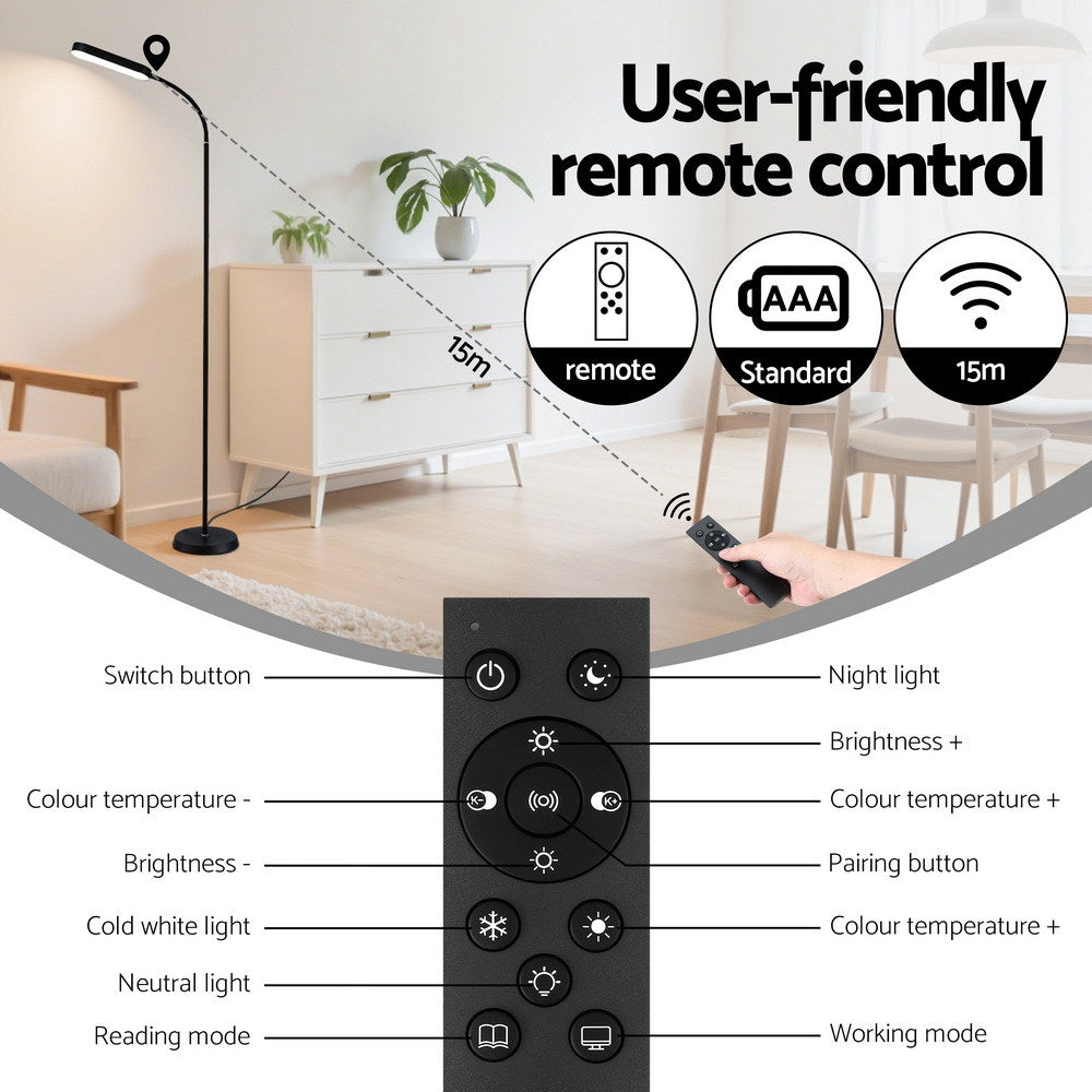Artiss LED Floor Lamp with Remote Control & 4 Color Temperature Reading Living Room Bedroom Office LAMP-FLOOR-LED-174-BK