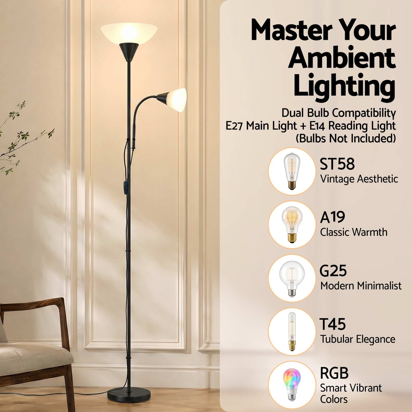 Artiss Floor Lamp Mother and Child Modern Home Living Room Office Reading Black LAMP-FLOOR-SF-1171-BK