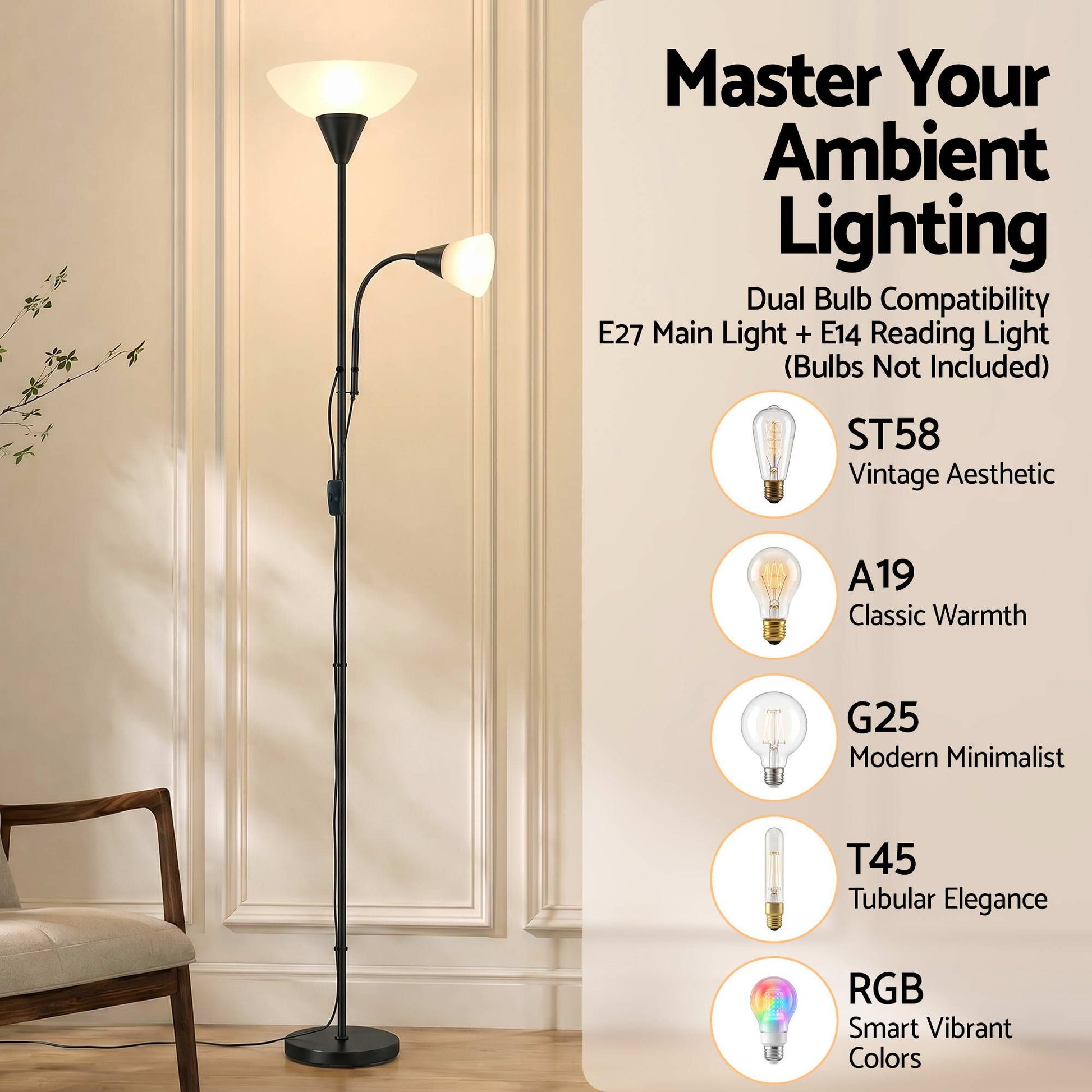 Artiss Floor Lamp Mother and Child Modern Home Living Room Office Reading Black LAMP-FLOOR-SF-1171-BK